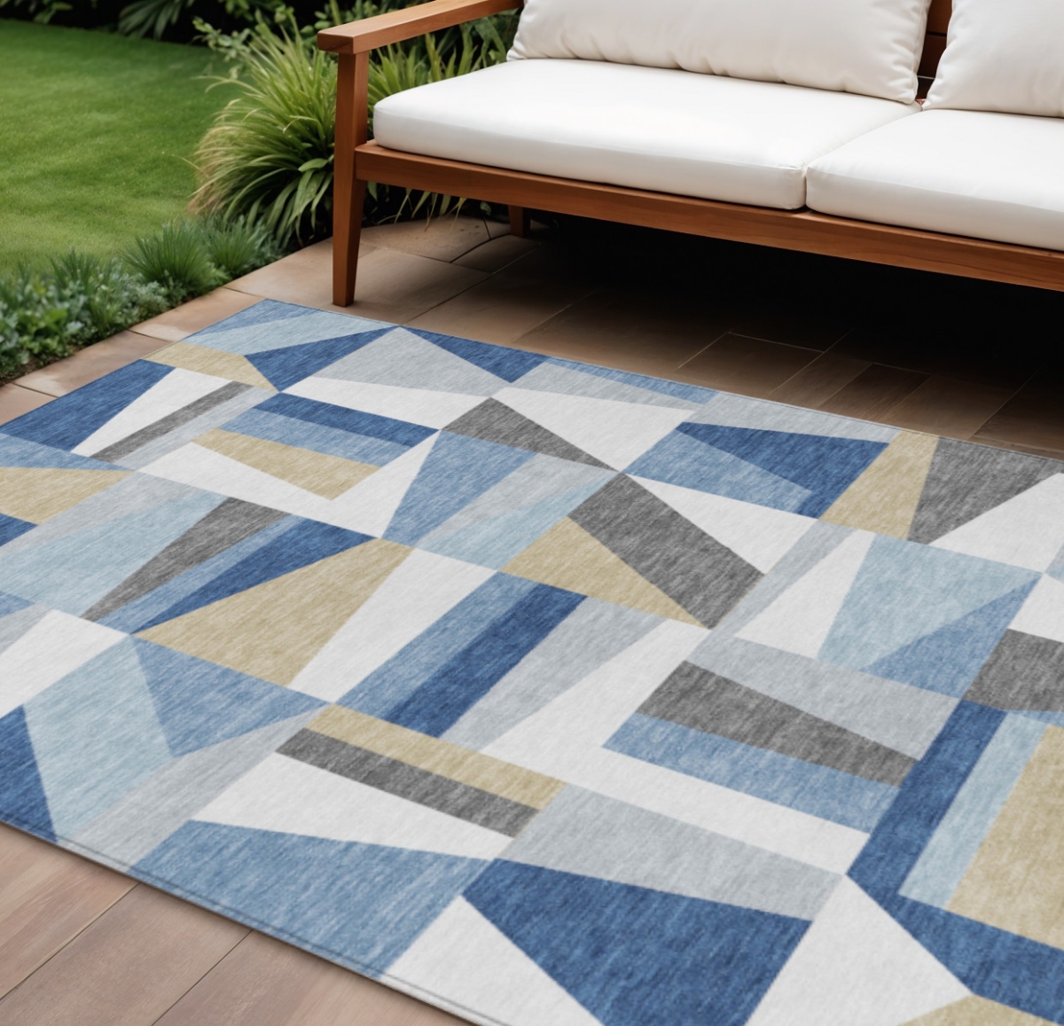 659525 10 x 14 ft. Blue Wheat & Ivory Geometric Washable Transitional Indoor & Outdoor Rectangle Area Rug