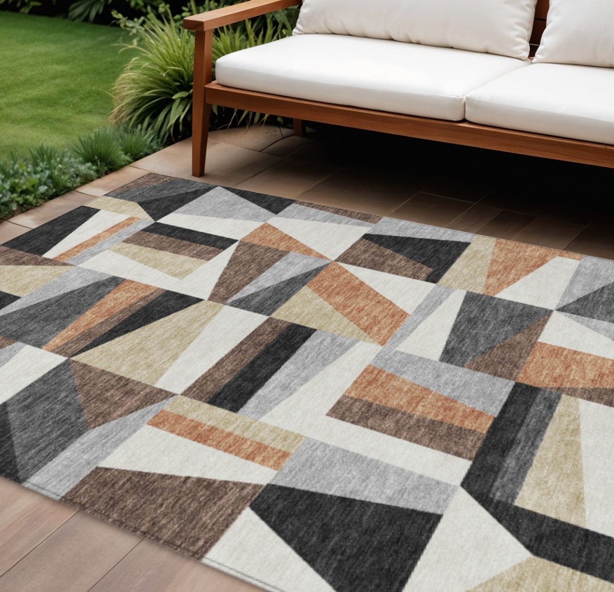 659537 10 x 14 ft. Gray Brown & White Geometric Washable Transitional Indoor & Outdoor Rectangle Area Rug