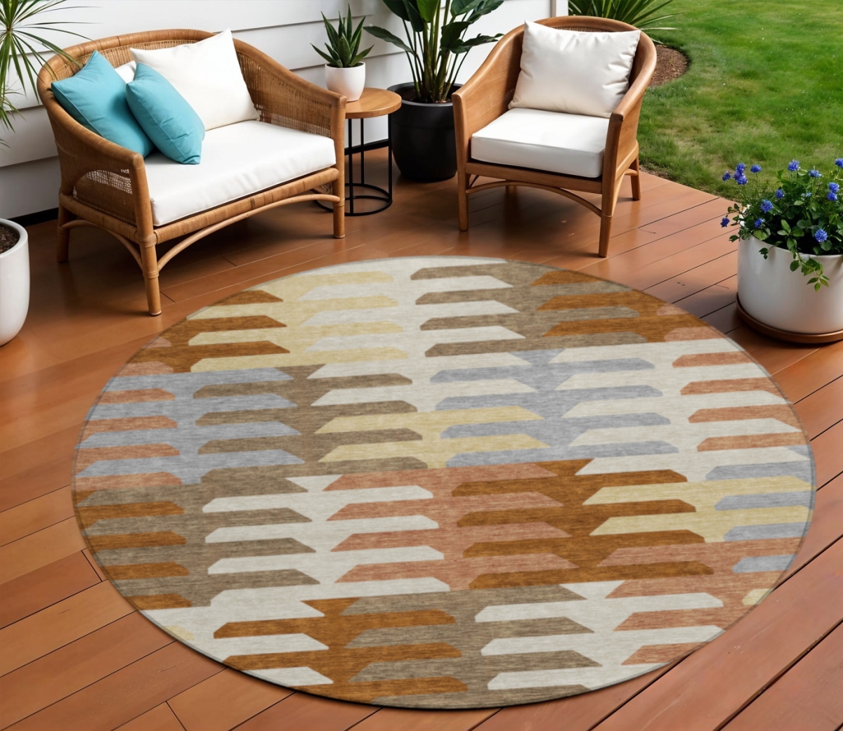 659558 8 ft. Copper Wheat & Beige Geometric Washable Transitional Indoor & Outdoor Round Area Rug