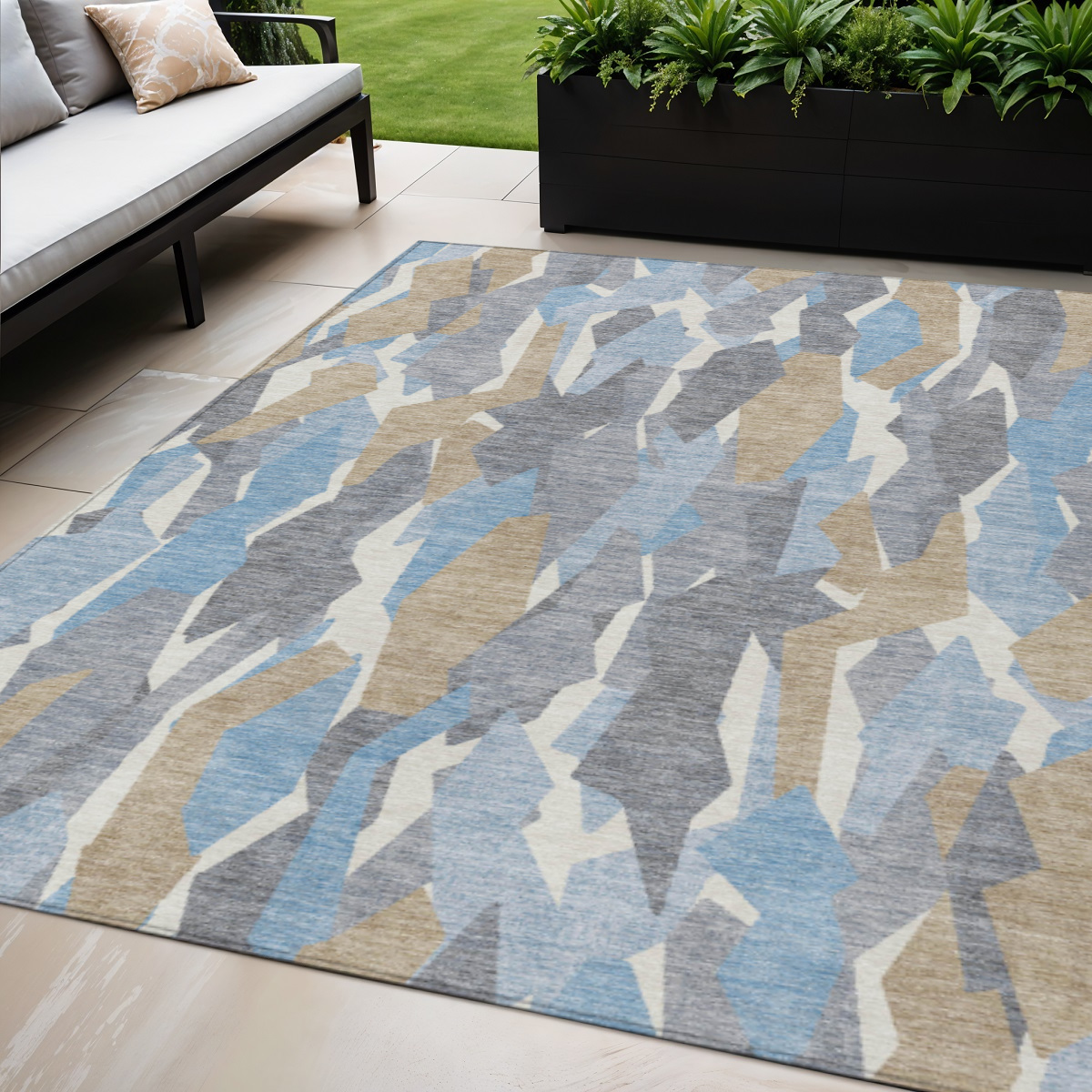 659605 5 x 8 ft. Denim Blue Khaki & Ivory Striped Washable Transitional Indoor & Outdoor Rectangle Area Rug