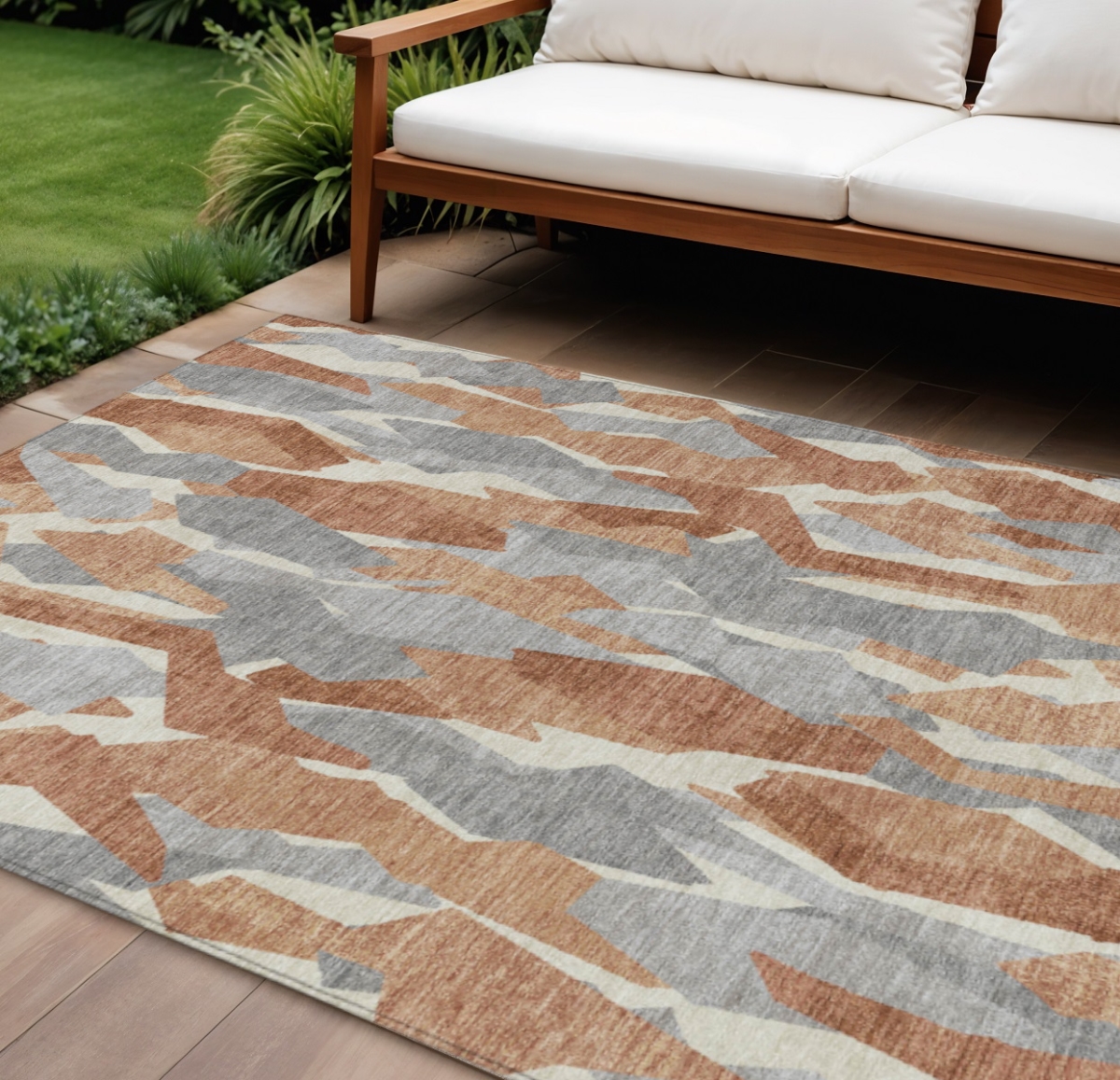 659625 8 x 10 ft. Chili Red Granite Gray & Ivory Striped Washable Transitional Indoor & Outdoor Rectangle Area Rug