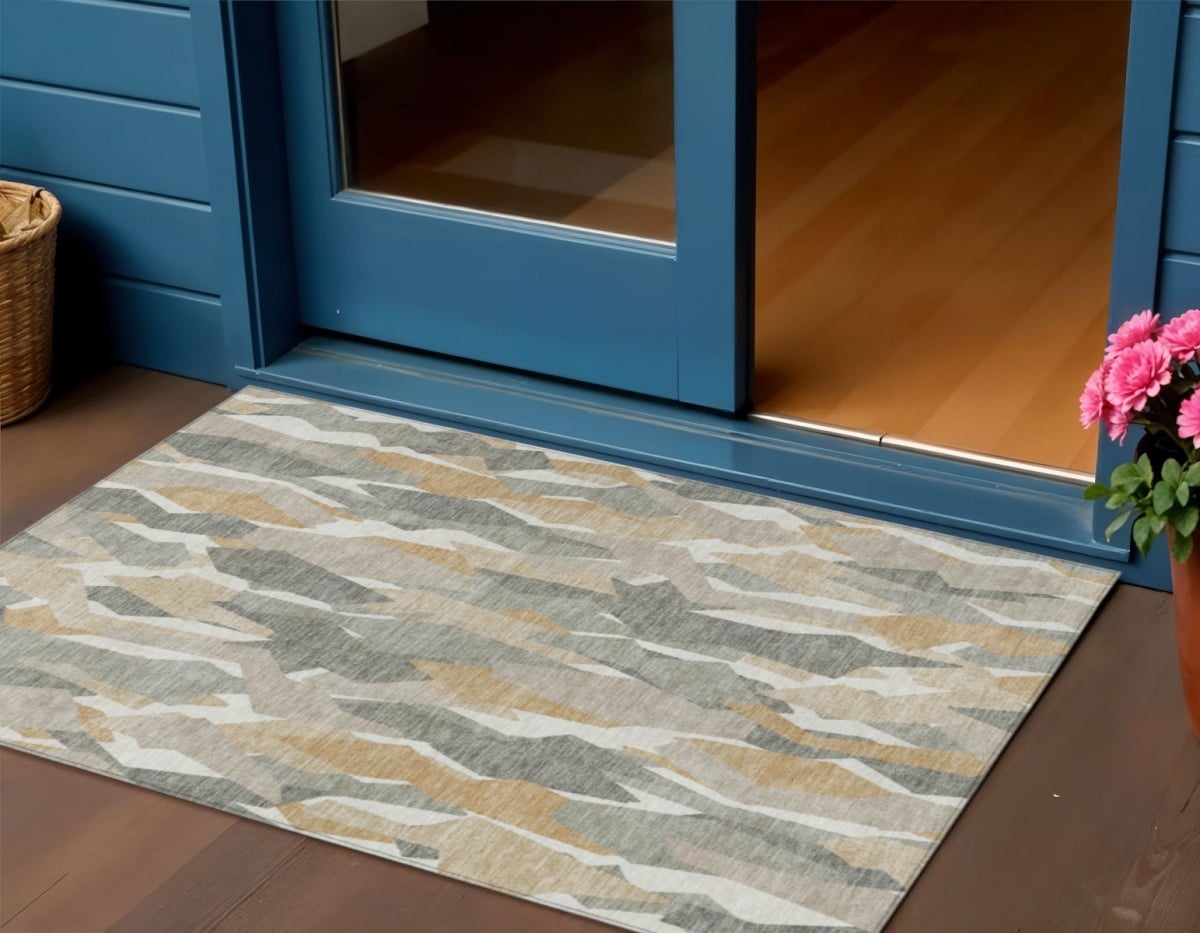 659628 3 x 5 ft. Pewter Wheat & Ivory Striped Washable Transitional Indoor & Outdoor Rectangle Area Rug