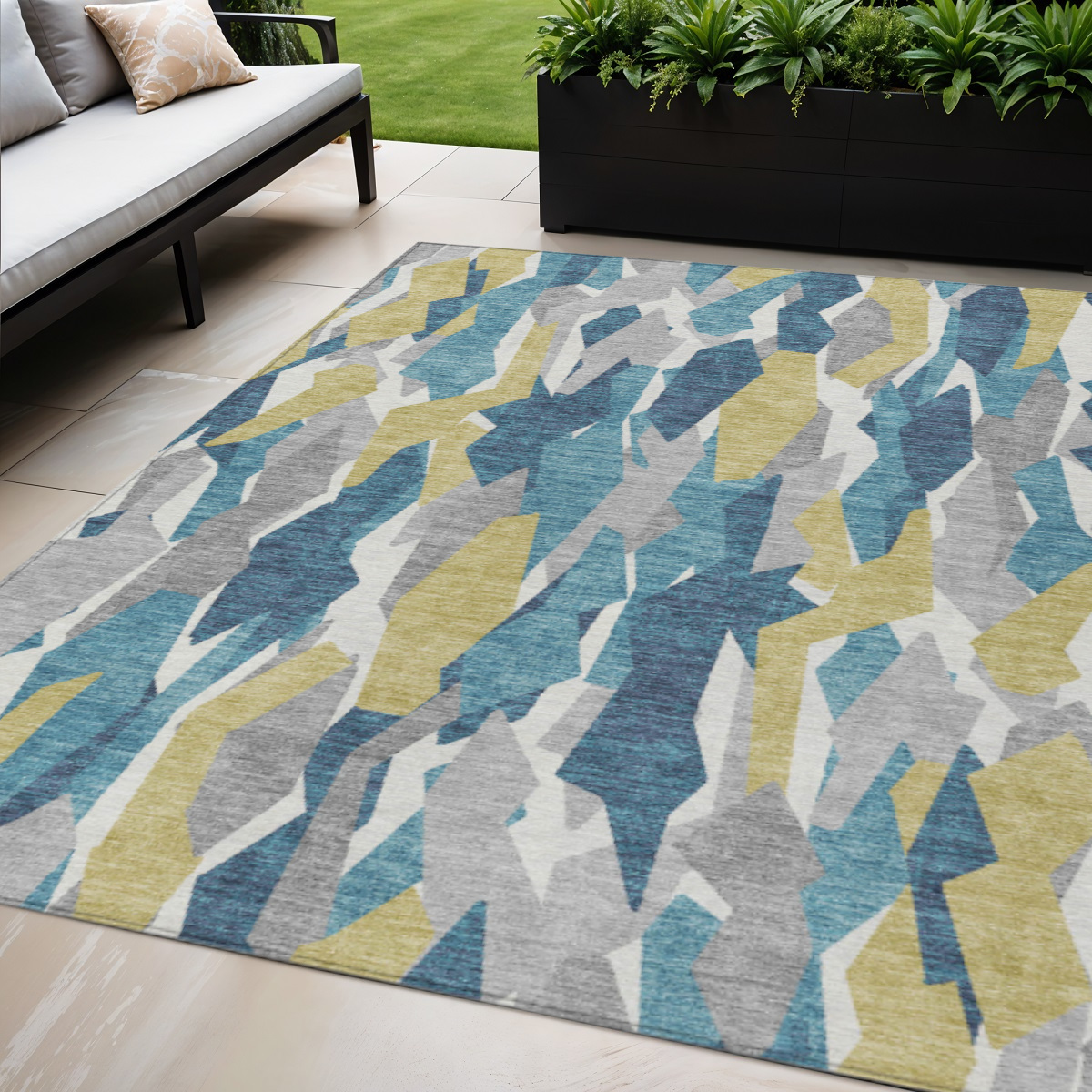 659641 5 x 8 ft. Teal Blue Yellow & Ivory Striped Washable Transitional Indoor & Outdoor Rectangle Area Rug