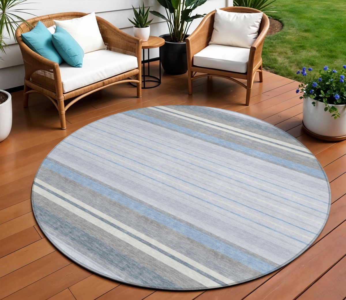 659684 8 ft. Sky Blue & Ivory Striped Washable Transitional Indoor & Outdoor Round Area Rug