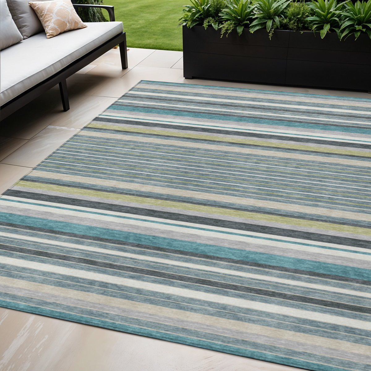 659695 5 x 8 ft. Teal Blue, Gray & Ivory Striped Washable Transitional Indoor & Outdoor Rectangle Area Rug
