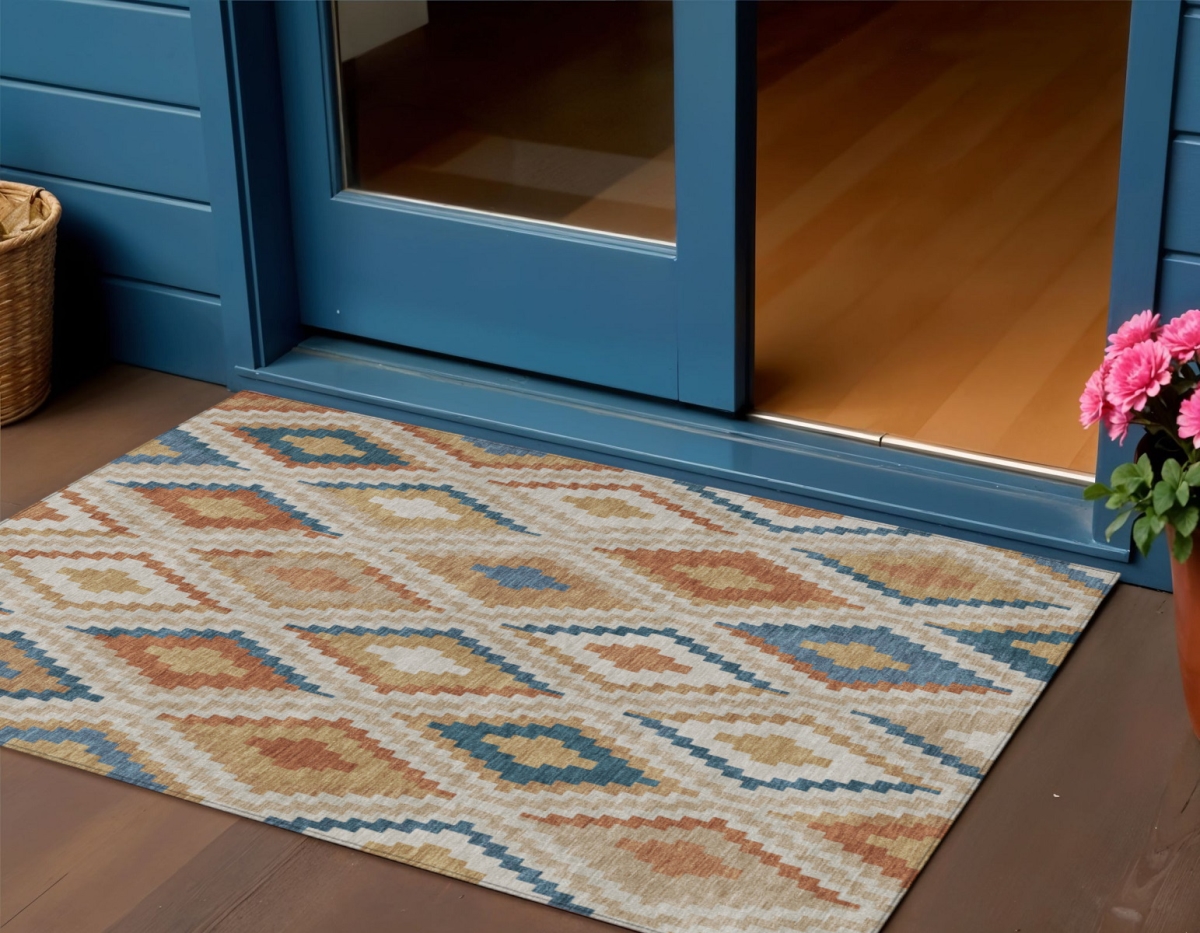 659700 3 x 5 ft. Beige Blue & Terra Cotta Geometric Washable Transitional Indoor & Outdoor Rectangle Area Rug