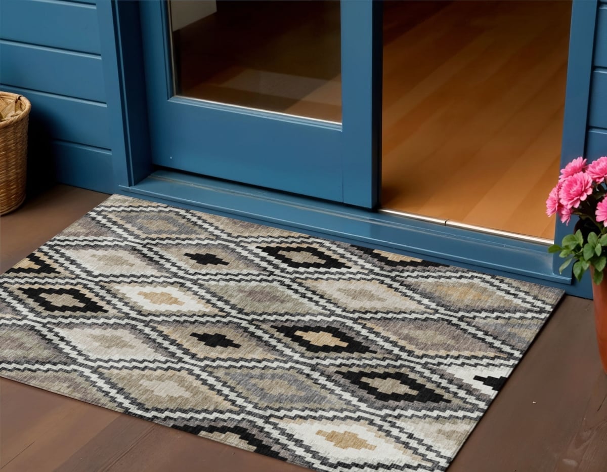 659706 3 x 5 ft. Black, Ivory & Beige Geometric Washable Transitional Indoor & Outdoor Rectangle Area Rug
