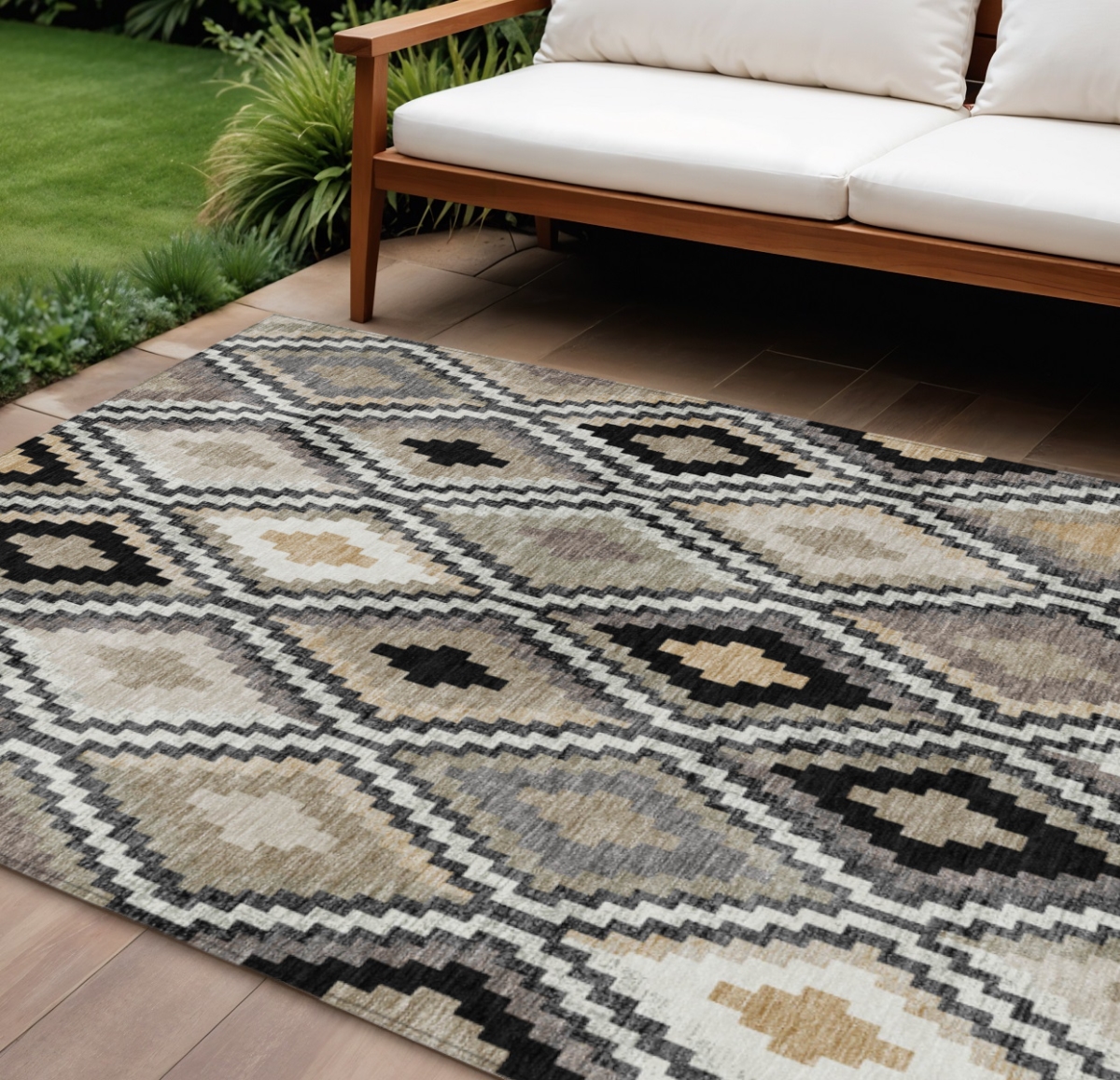 659709 8 x 10 ft. Black, Ivory & Beige Geometric Washable Transitional Indoor & Outdoor Rectangle Area Rug