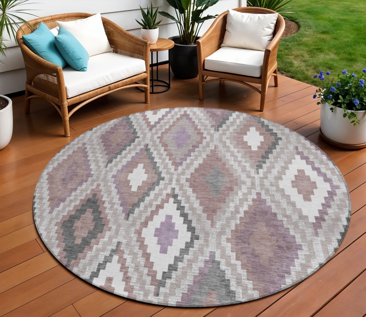 659714 8 ft. Blush Ivory & Gray Geometric Washable Transitional Indoor & Outdoor Round Area Rug