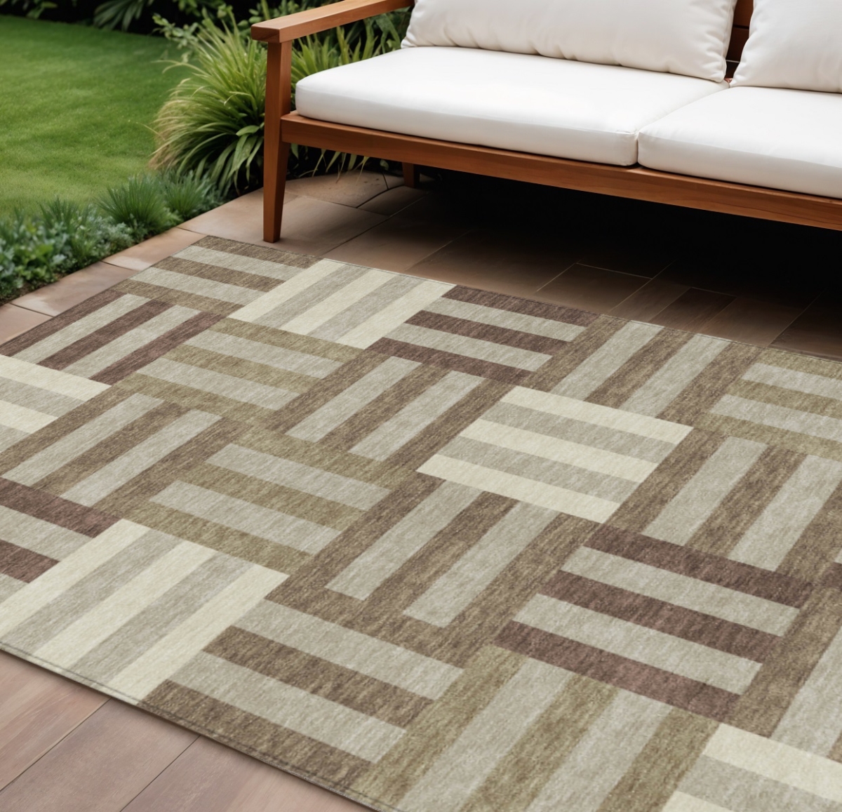 659759 10 x 14 ft. Brown, Beige & Ivory Geometric Washable Transitional Indoor & Outdoor Rectangle Area Rug