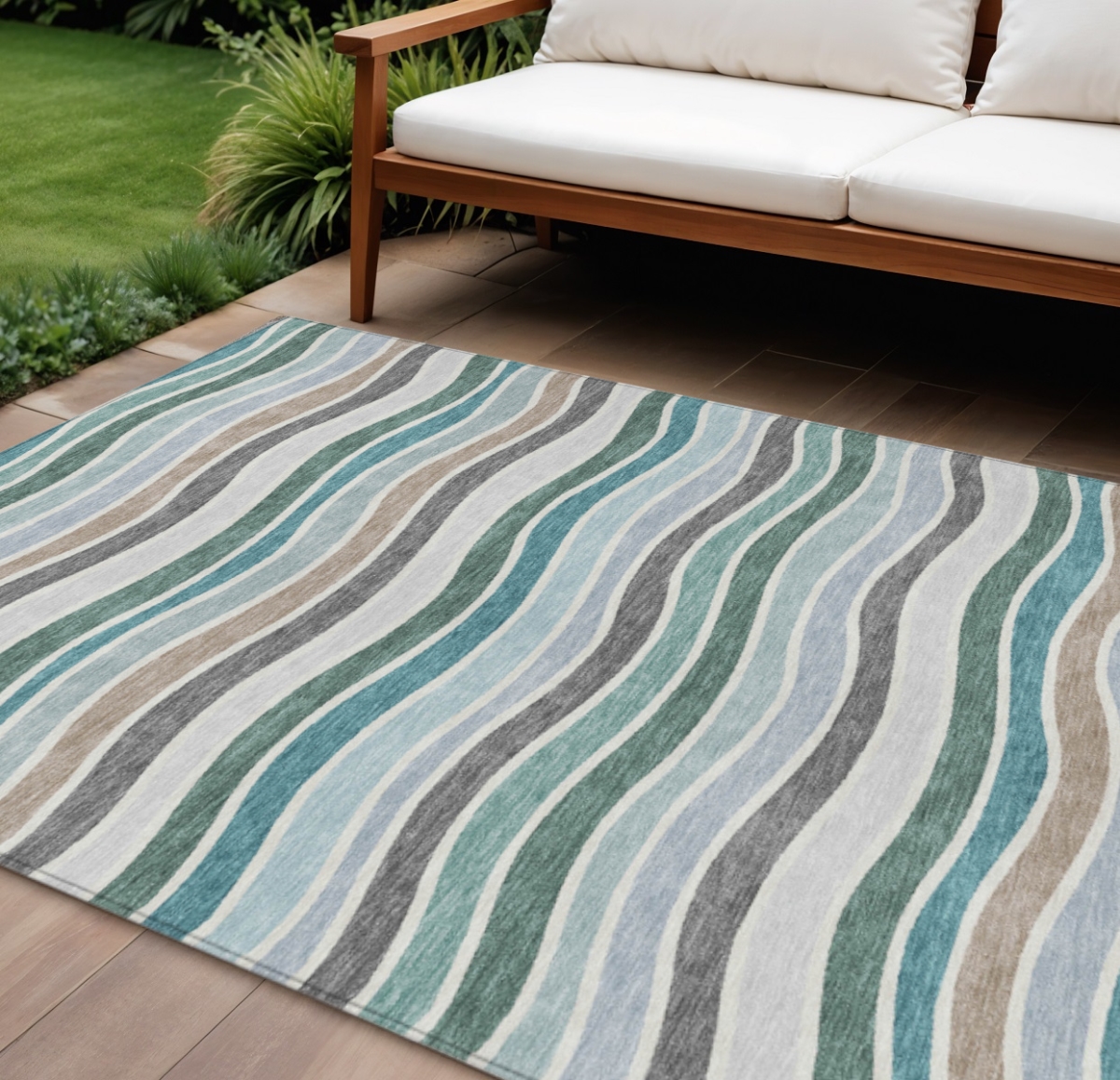659842 9 x 12 ft. Teal Blue Khaki & Ivory Striped Washable Transitional Indoor & Outdoor Rectangle Area Rug