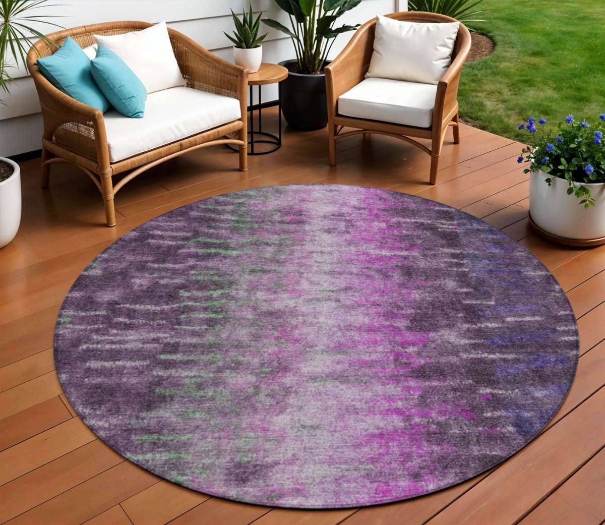 659092 8 ft. Eggplant Green & Blue Abstract Washable Transitional Indoor & Outdoor Round Area Rug