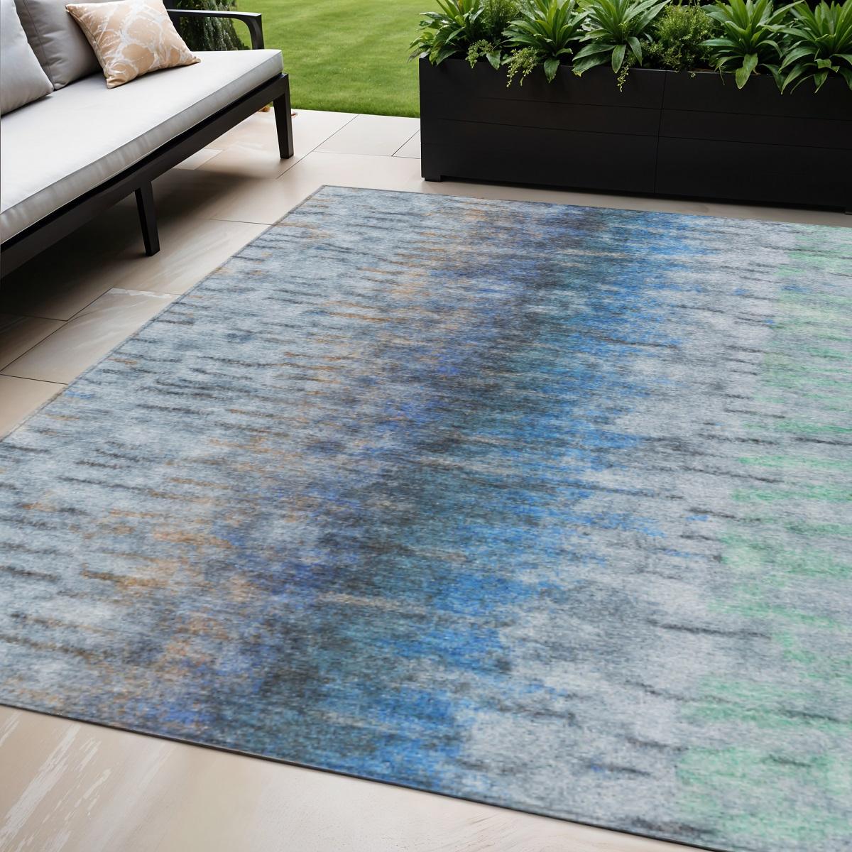 659127 5 x 8 ft. Blue & Ivory Abstract Washable Transitional Indoor & Outdoor Rectangle Area Rug