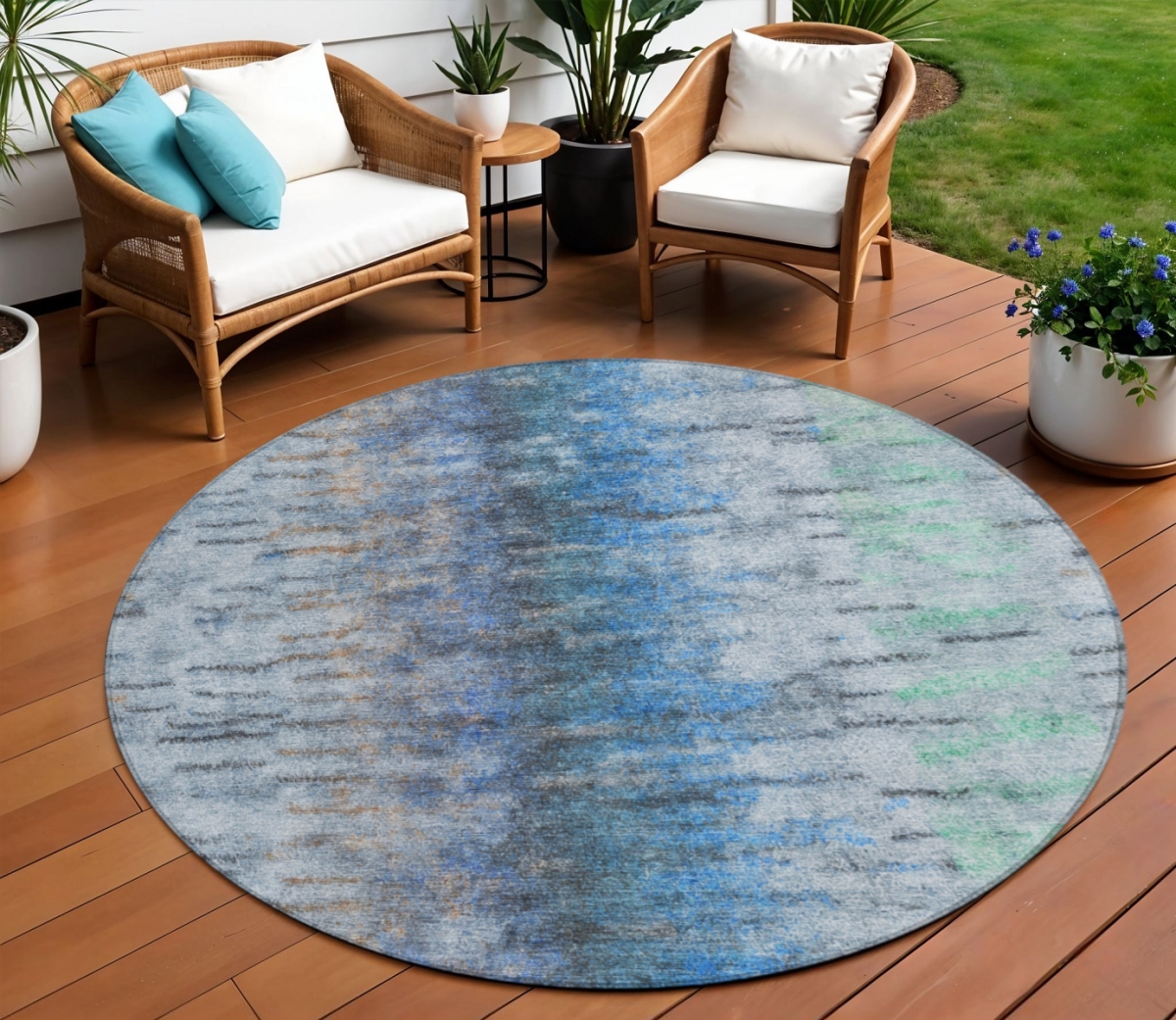 659128 8 ft. Blue & Ivory Abstract Washable Transitional Indoor & Outdoor Round Area Rug