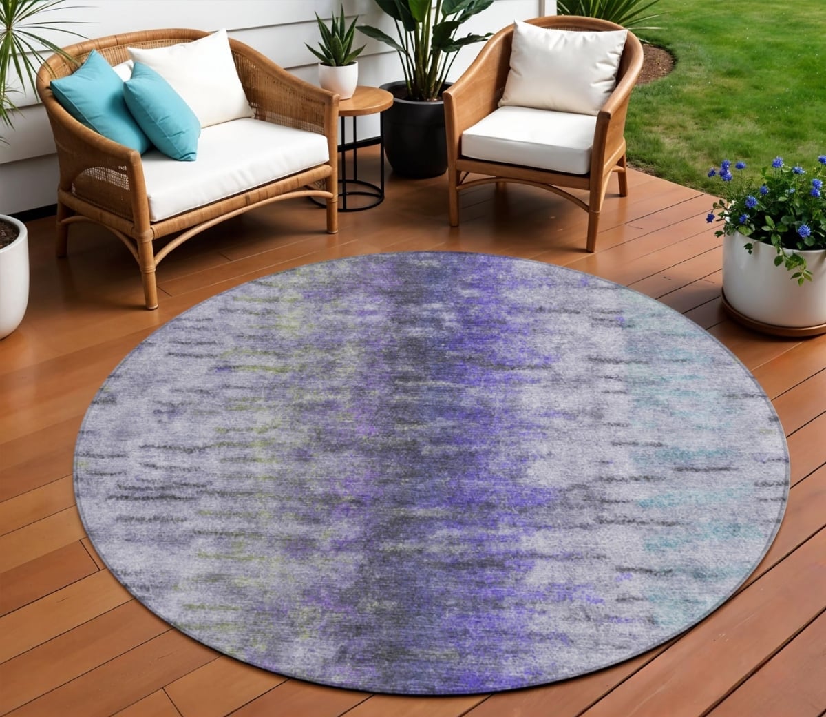 659146 8 ft. Purple Ivory & Gray Abstract Washable Transitional Indoor & Outdoor Round Area Rug