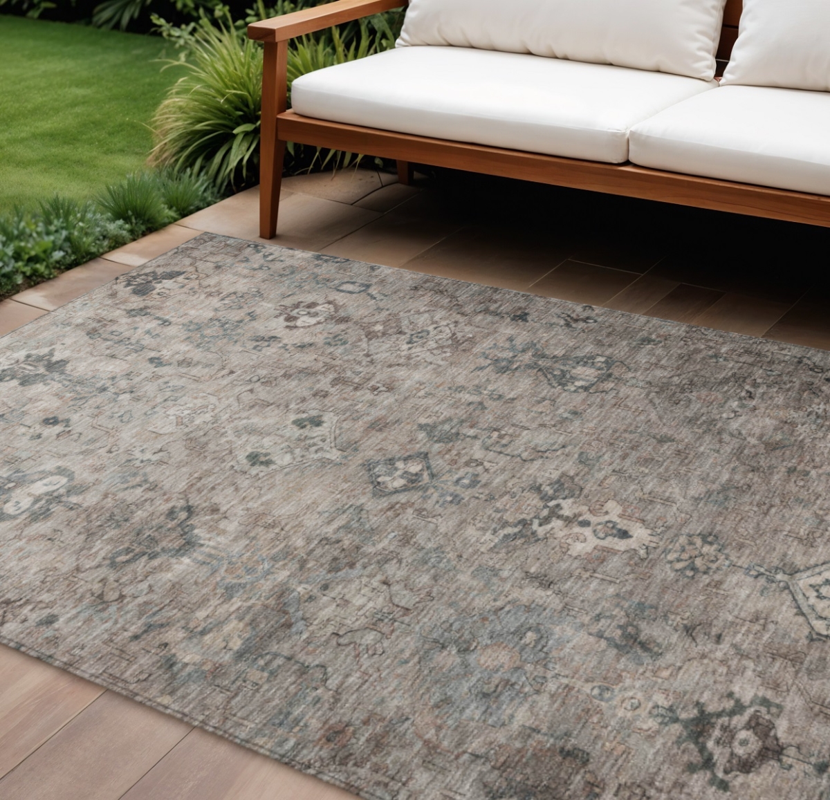 659179 10 x 14 ft. Taupe & Gray Medallion Washable Traditional Indoor & Outdoor Rectangle Area Rug