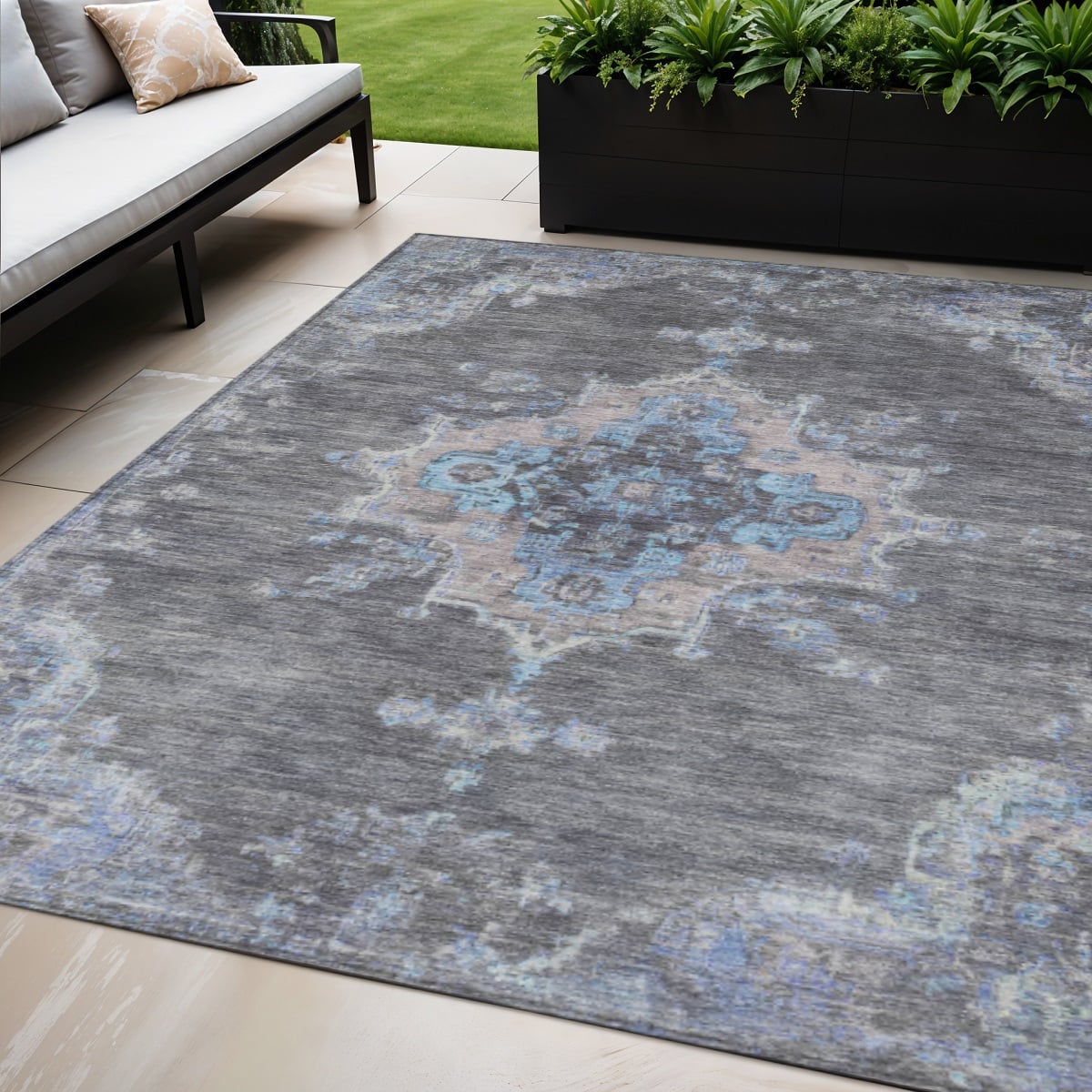 659205 5 x 8 ft. Graphite & Blue Medallion Washable Traditional Indoor & Outdoor Rectangle Area Rug