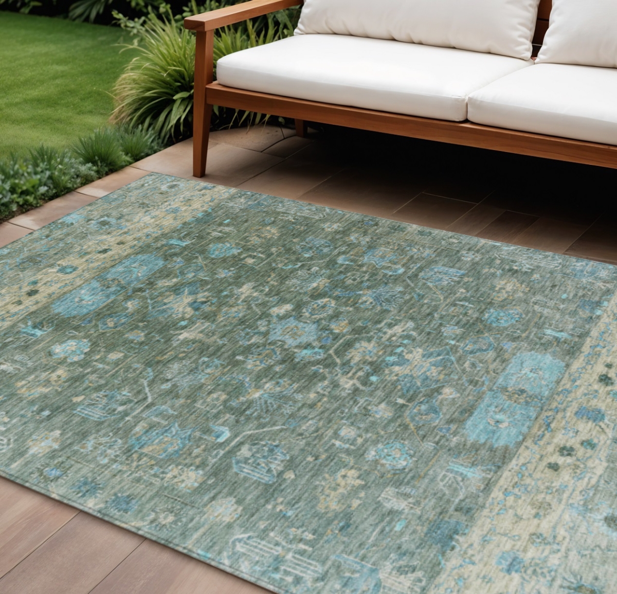 659322 9 x 12 ft. Sage Teal, Blue & Beige Tribal Washable Traditional Indoor & Outdoor Rectangle Area Rug