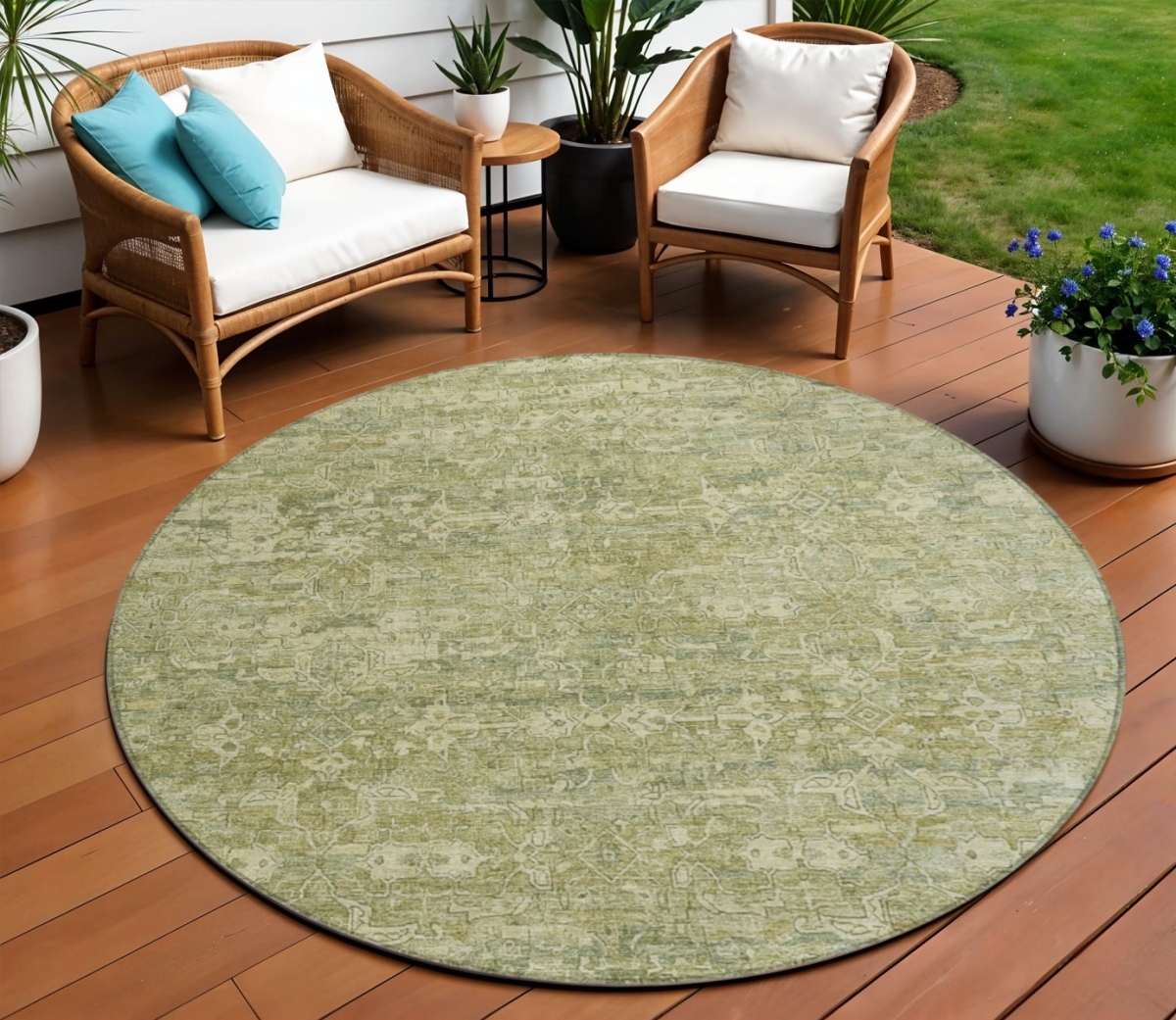 659380 8 ft. Sage & Ivory Ikat Washable Transitional Indoor & Outdoor Round Area Rug