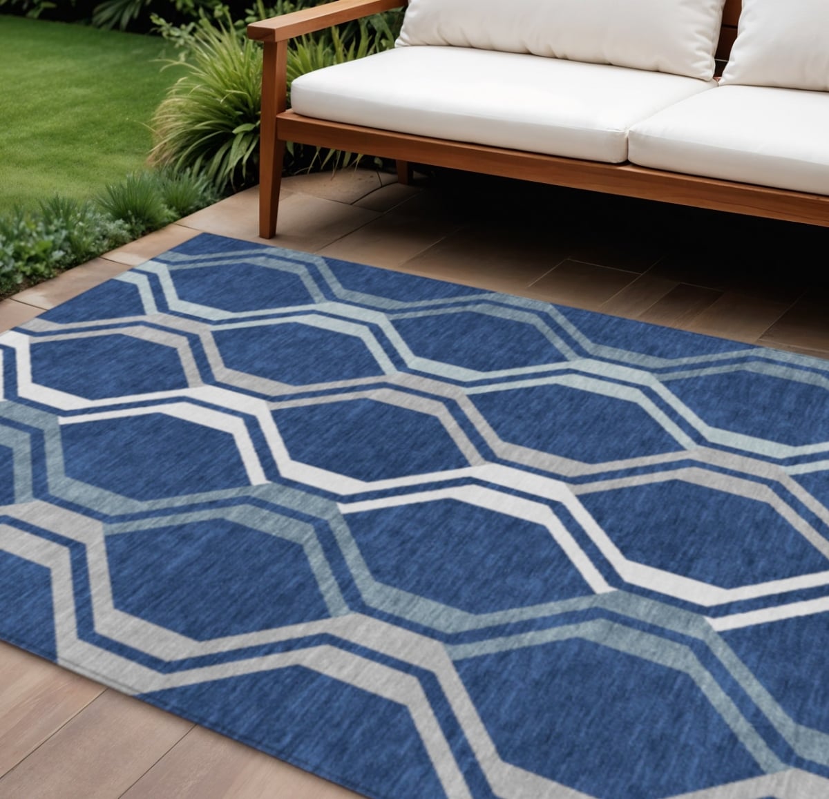 659472 9 x 12 ft. Navy Blue & Ivory Geometric Washable Transitional Indoor & Outdoor Rectangle Area Rug