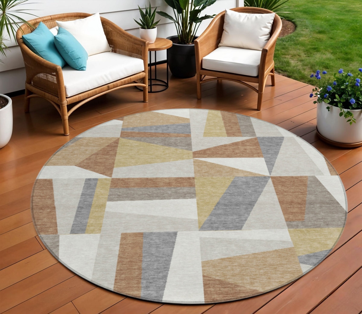 659510 8 ft. Beige Rust & Taupe Geometric Washable Transitional Indoor & Outdoor Round Area Rug