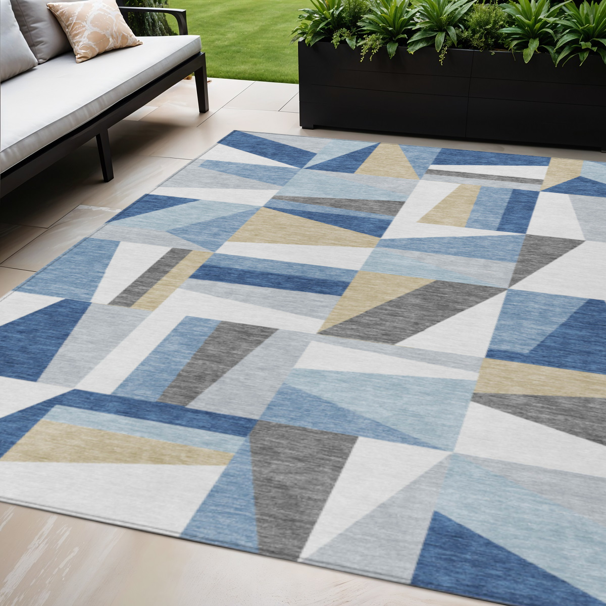 659521 5 x 8 ft. Blue Wheat & Ivory Geometric Washable Transitional Indoor & Outdoor Rectangle Area Rug