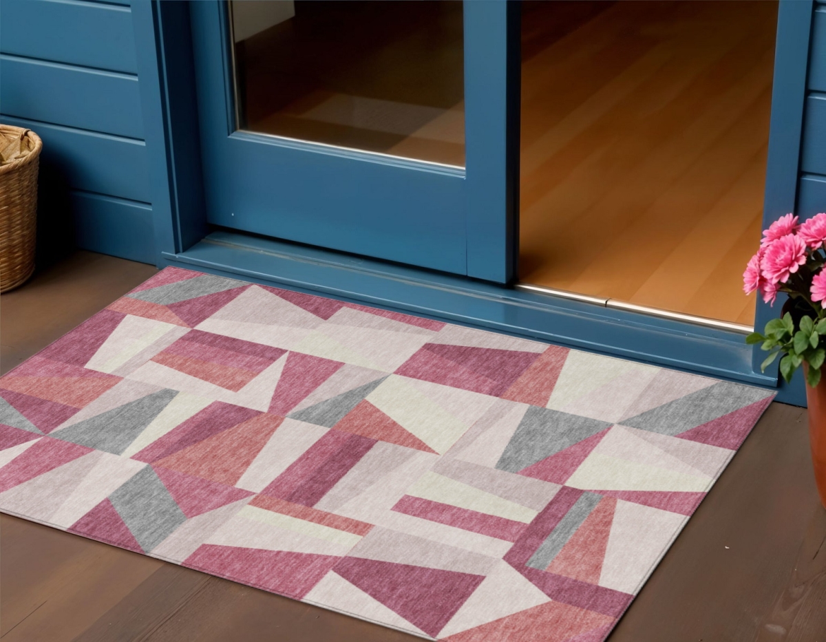 659526 3 x 5 ft. Blush Pewter & Ivory Geometric Washable Transitional Indoor & Outdoor Rectangle Area Rug