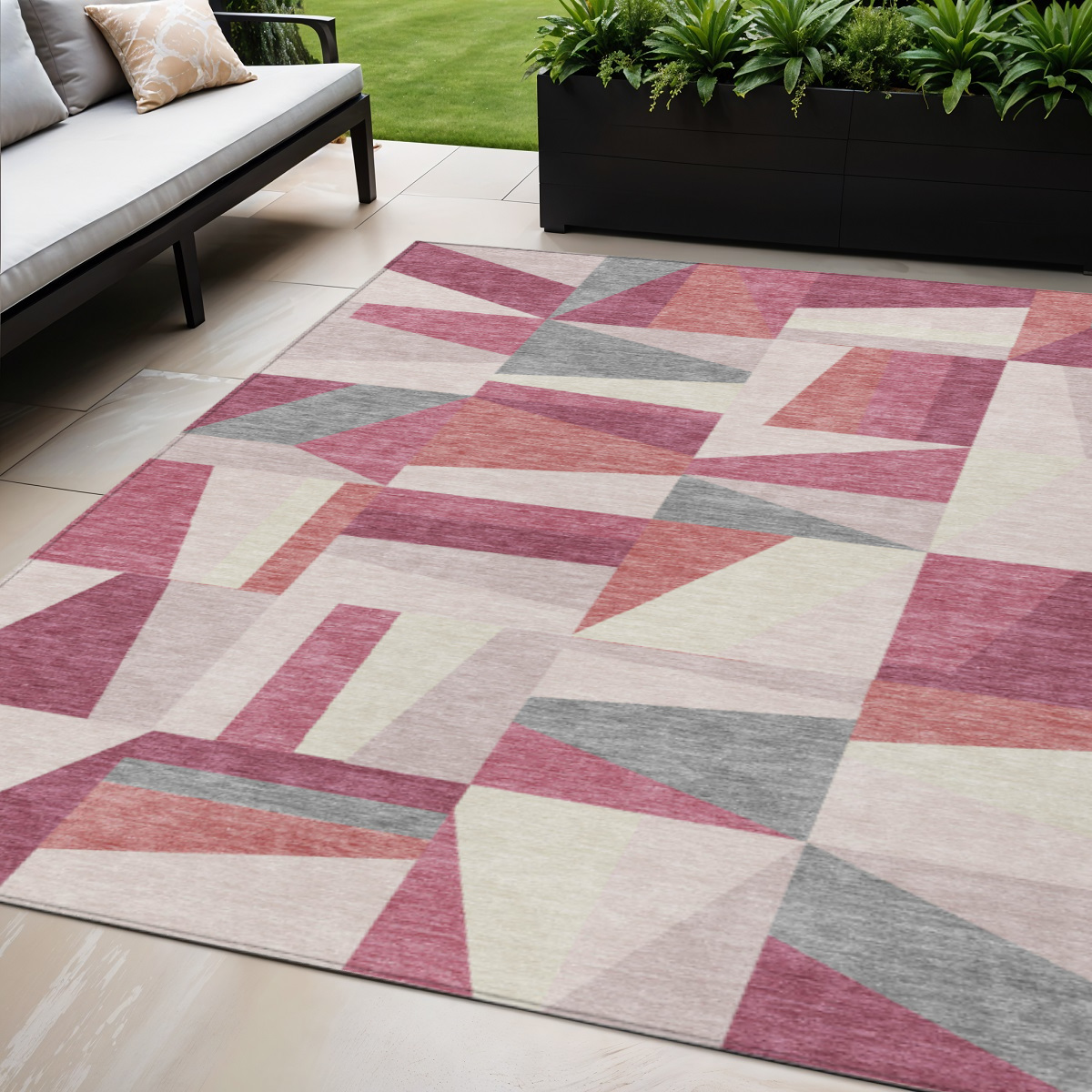 659527 5 x 8 ft. Blush Pewter & Ivory Geometric Washable Transitional Indoor & Outdoor Rectangle Area Rug