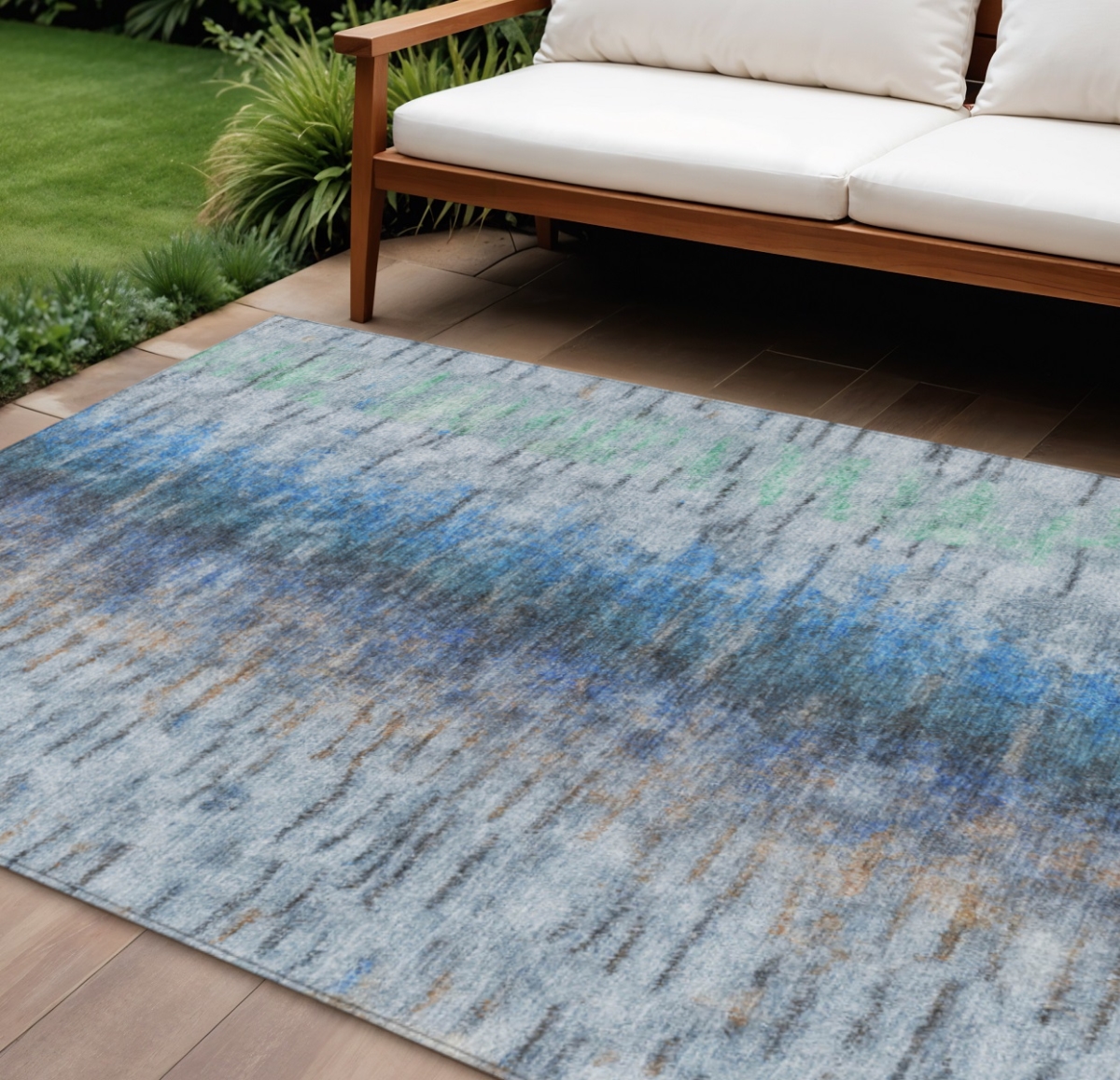 659129 8 x 10 ft. Blue & Ivory Abstract Washable Transitional Indoor & Outdoor Rectangle Area Rug