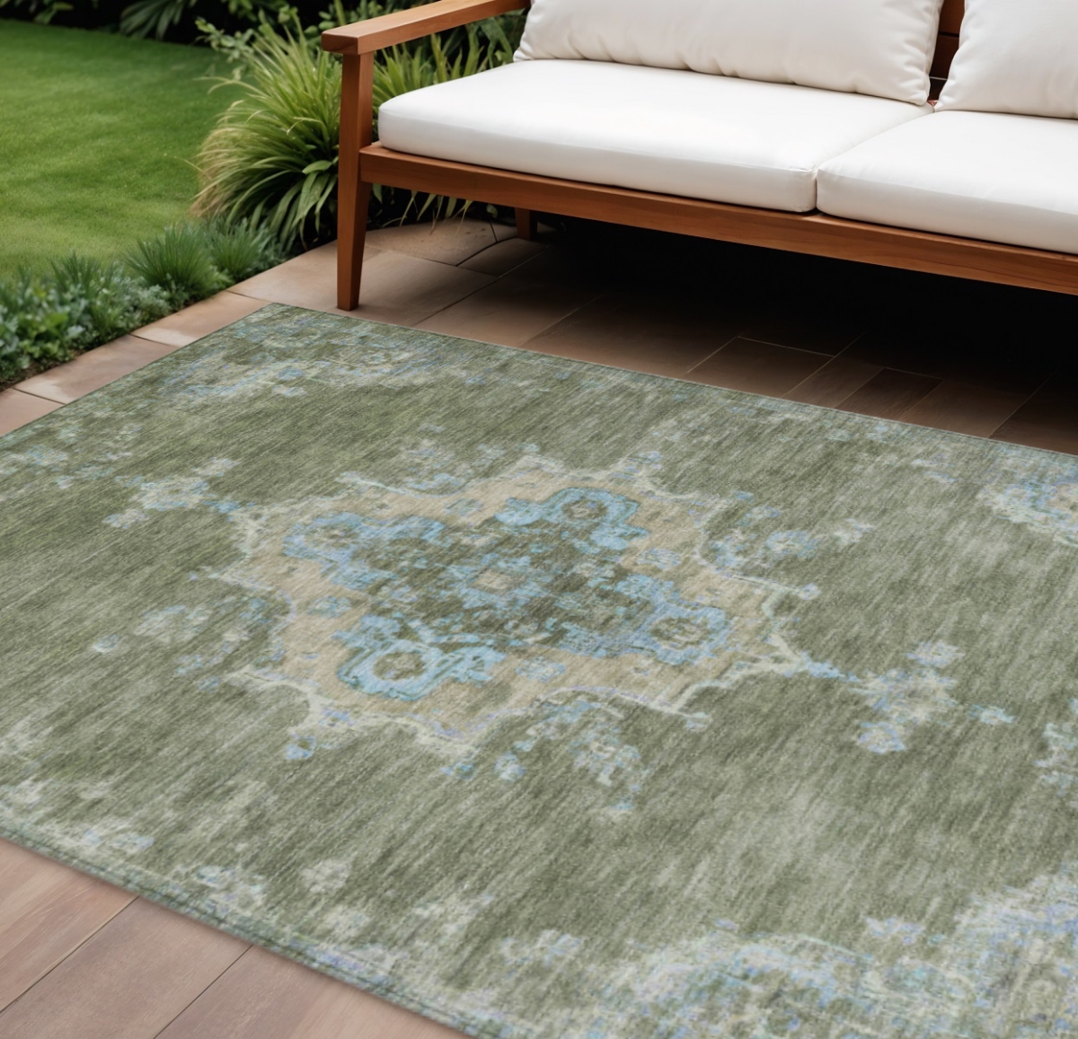659190 9 x 12 ft. Fern Green & Blue Medallion Washable Traditional Indoor & Outdoor Rectangle Area Rug