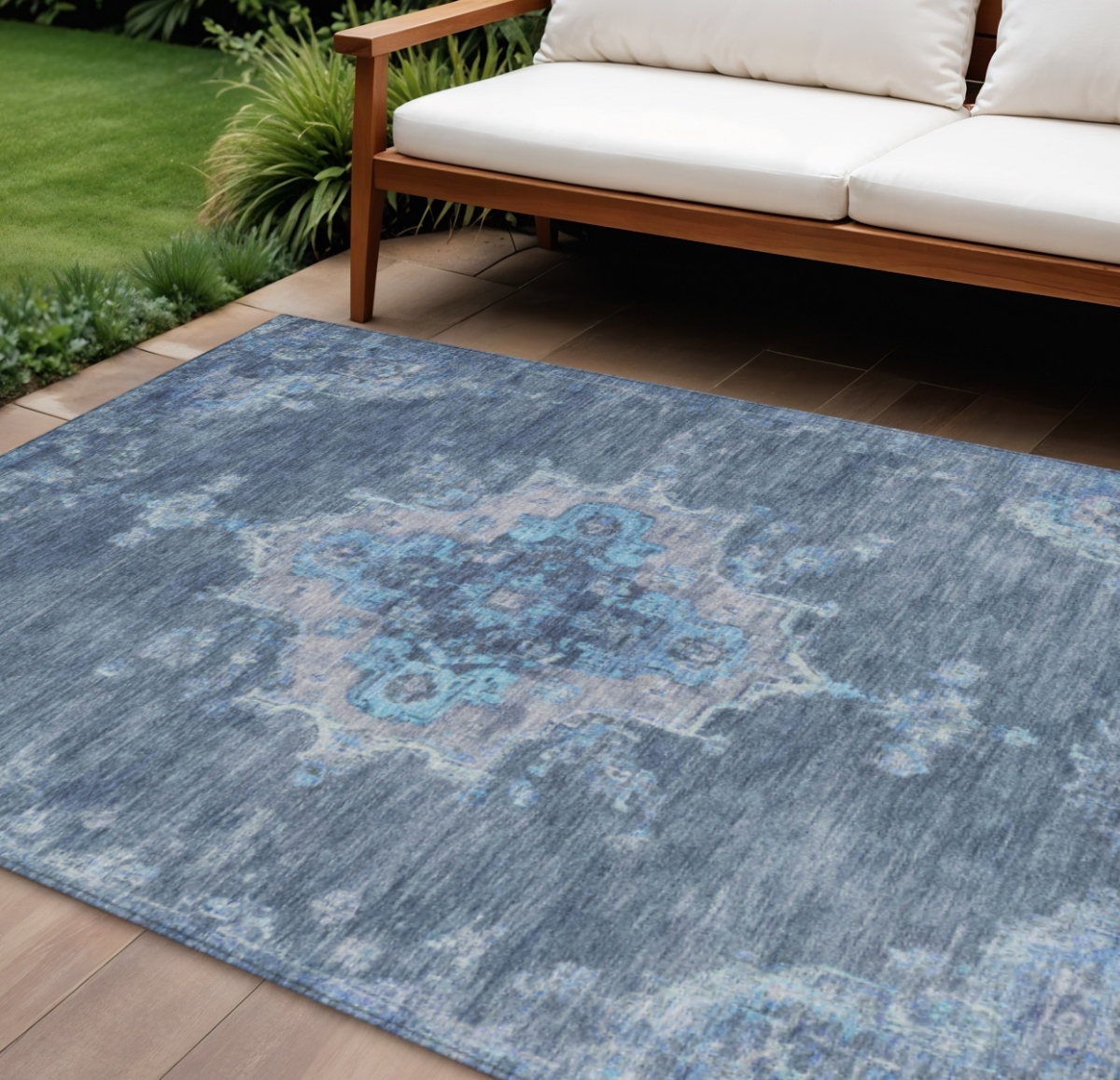 659196 9 x 12 ft. Blue & Gray Medallion Washable Traditional Indoor & Outdoor Rectangle Area Rug