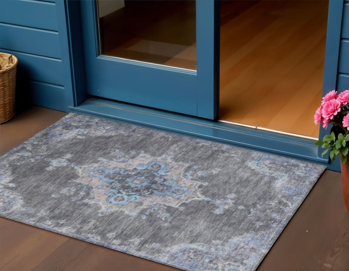 659204 3 x 5 ft. Graphite & Blue Medallion Washable Traditional Indoor & Outdoor Rectangle Area Rug