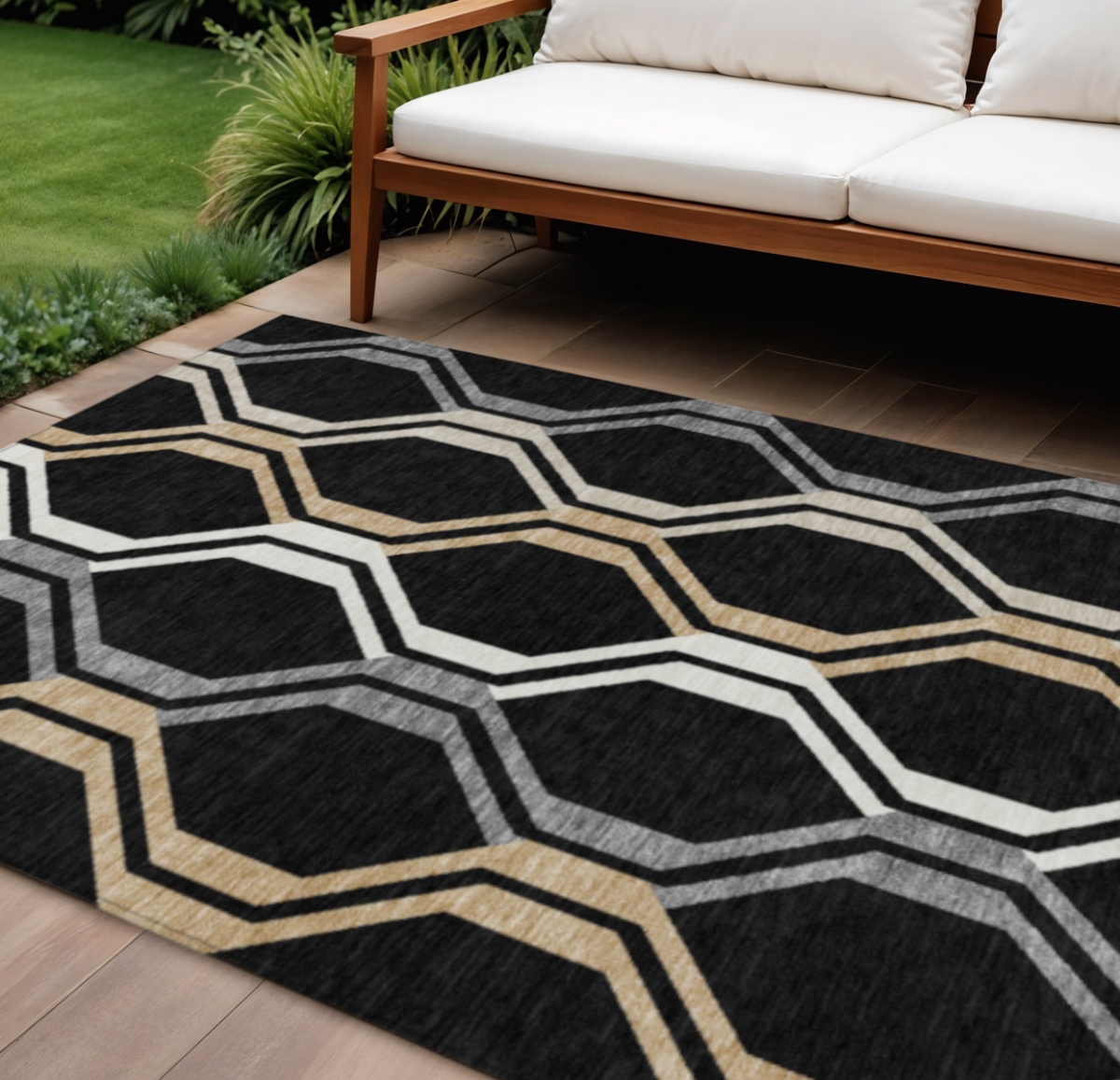 659437 10 x 14 ft. Black Beige & Gray Geometric Washable Transitional Indoor & Outdoor Rectangle Area Rug