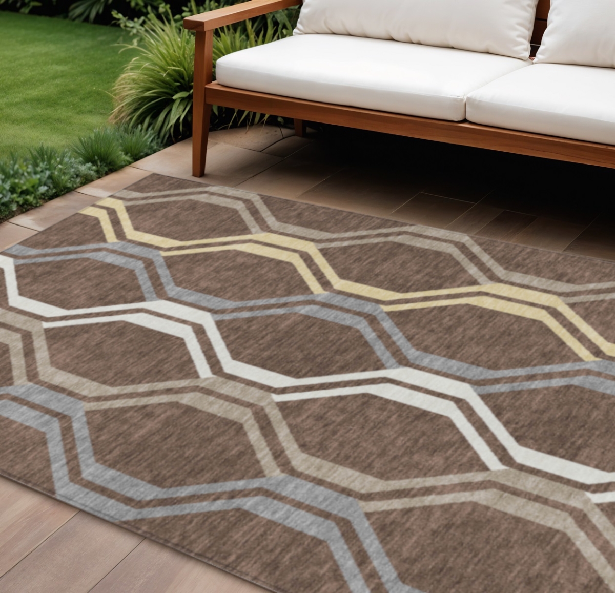 659441 8 x 10 ft. Chocolate Gray & Ivory Geometric Washable Transitional Indoor & Outdoor Rectangle Area Rug