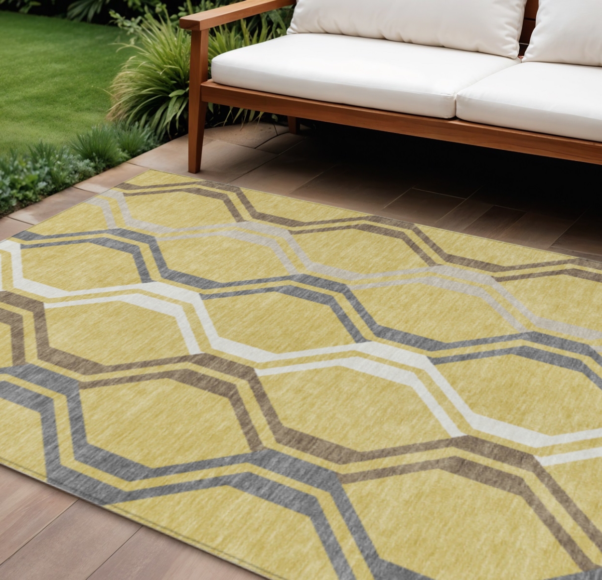659448 9 x 12 ft. Gold Gray & Ivory Geometric Washable Transitional Indoor & Outdoor Rectangle Area Rug