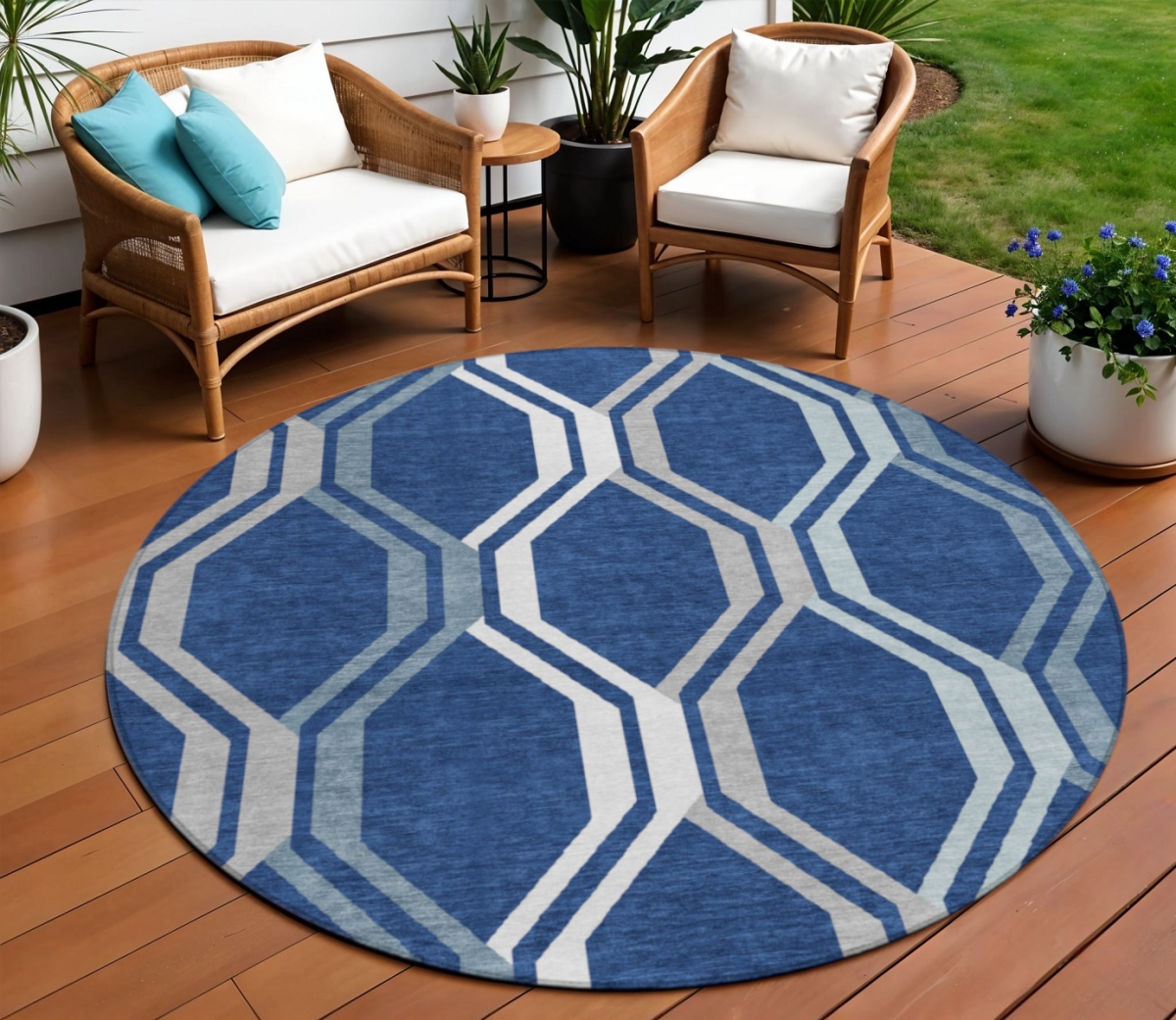 659470 8 ft. Navy Blue & Ivory Geometric Washable Transitional Indoor & Outdoor Round Area Rug