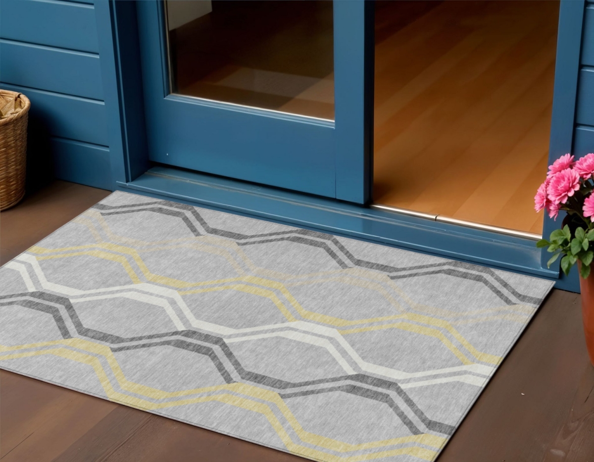 659480 3 x 5 ft. Silver Beige & Charcoal Geometric Washable Transitional Indoor & Outdoor Rectangle Area Rug
