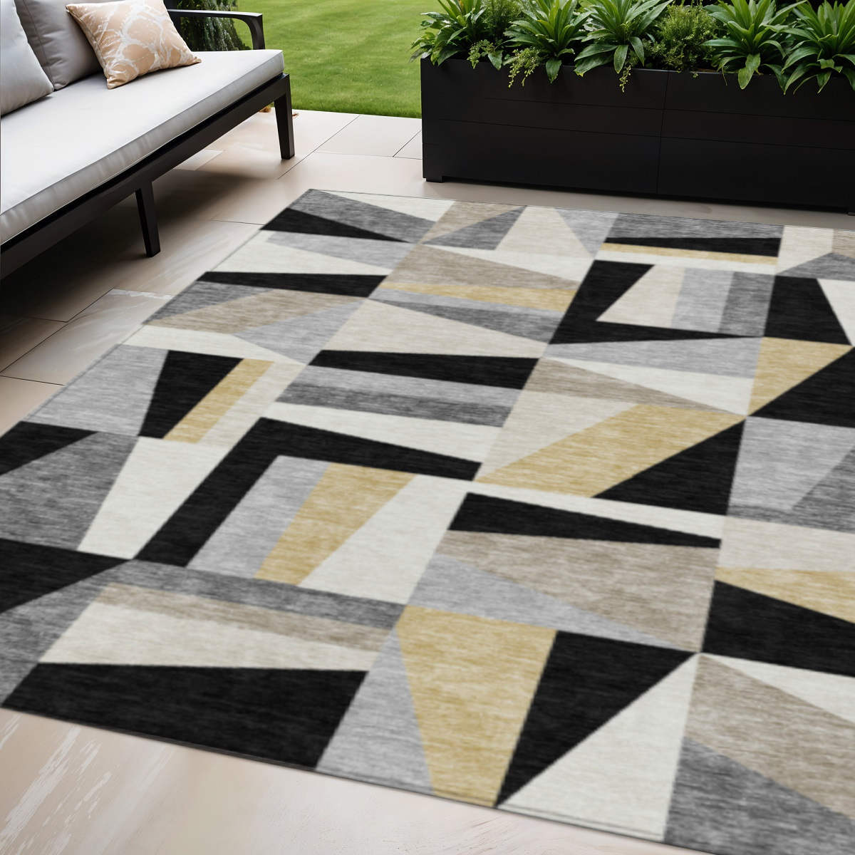 659515 5 x 8 ft. Black Wheat & Ivory Geometric Washable Transitional Indoor & Outdoor Rectangle Area Rug