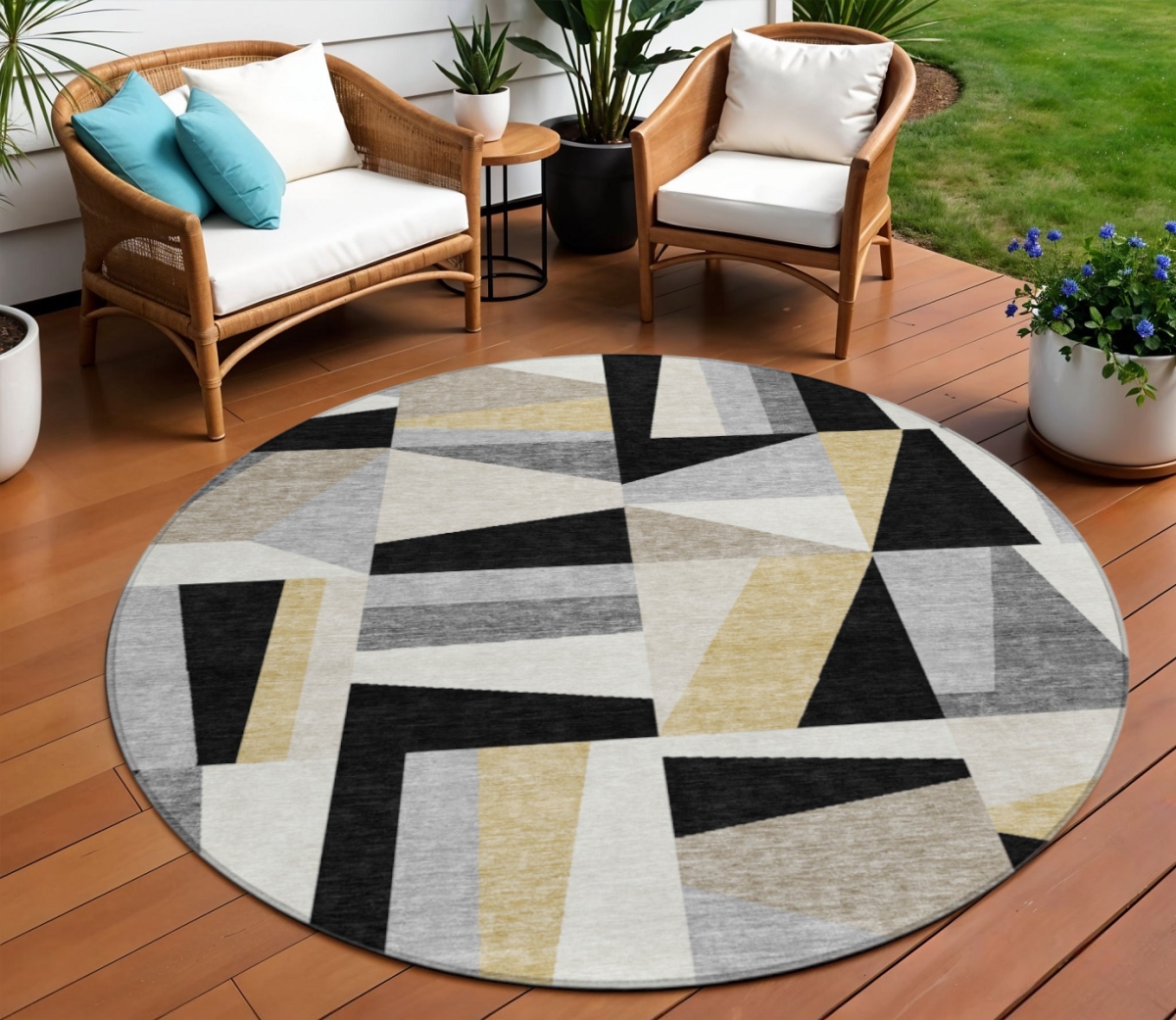 659516 8 ft. Black Wheat & Ivory Geometric Washable Transitional Indoor & Outdoor Round Area Rug