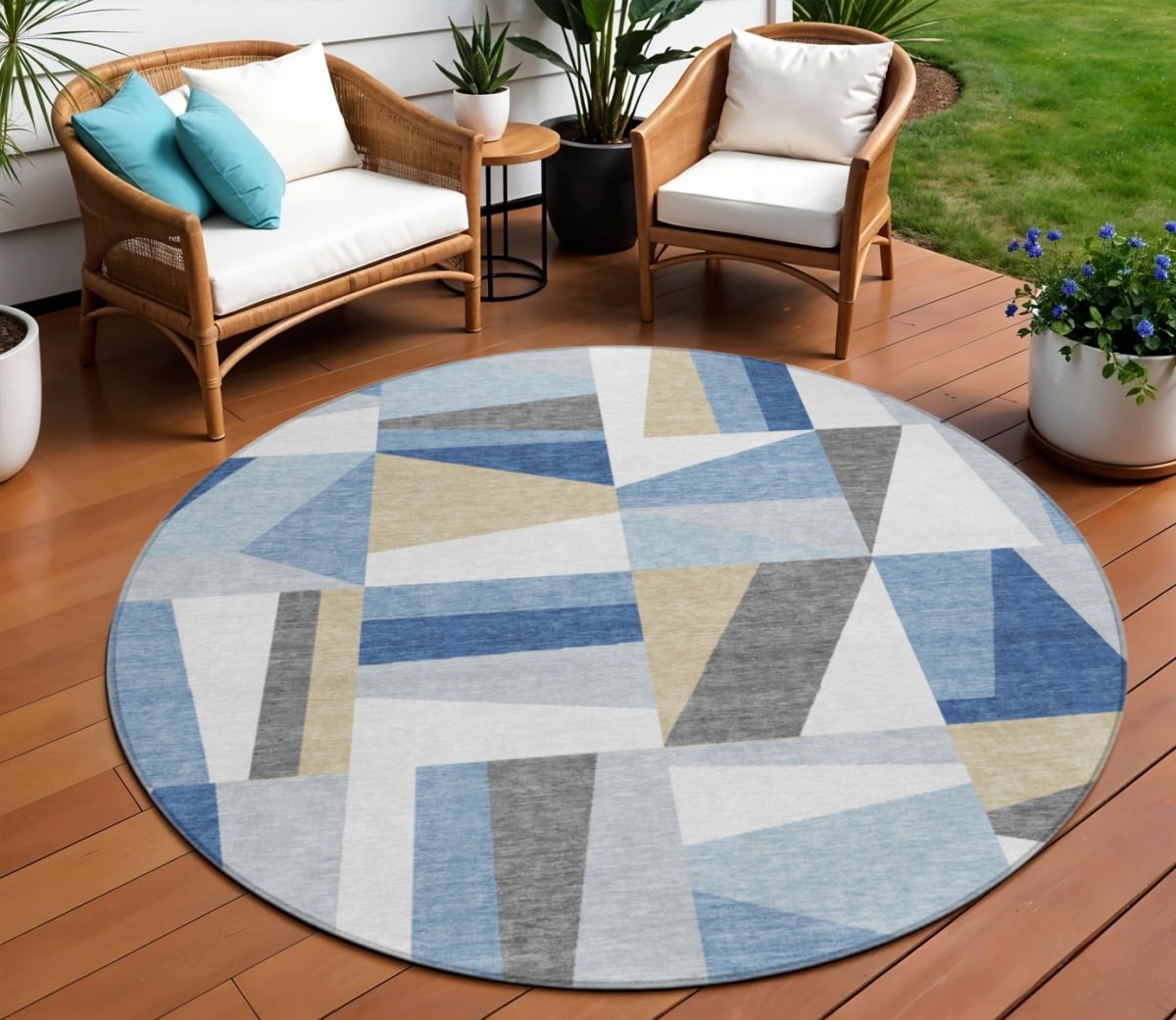 659522 8 ft. Blue Wheat & Ivory Geometric Washable Transitional Indoor & Outdoor Round Area Rug