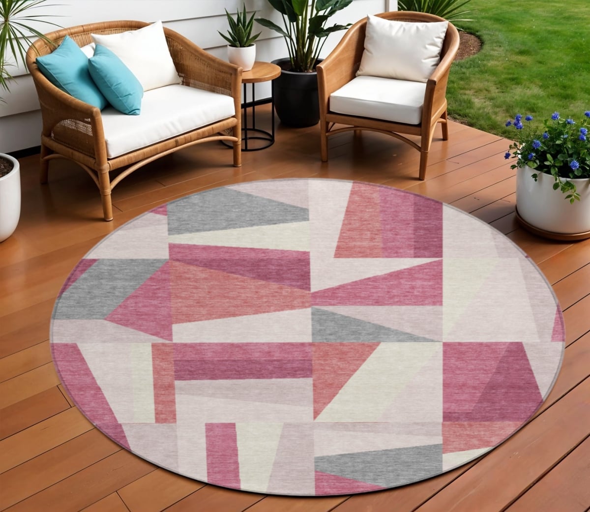 659528 8 ft. Blush Pewter & Ivory Geometric Washable Transitional Indoor & Outdoor Round Area Rug