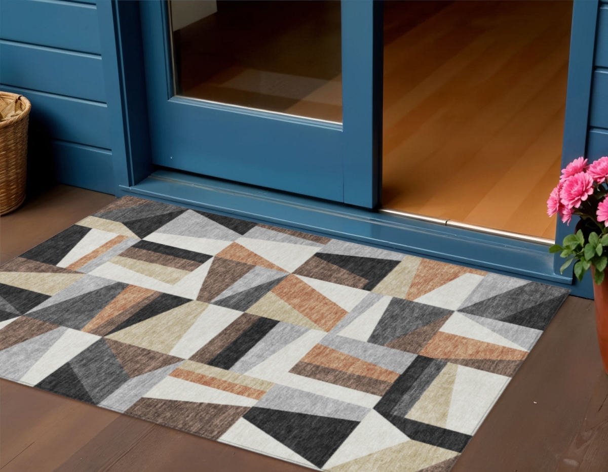 659532 3 x 5 ft. Gray Brown & White Geometric Washable Transitional Indoor & Outdoor Rectangle Area Rug