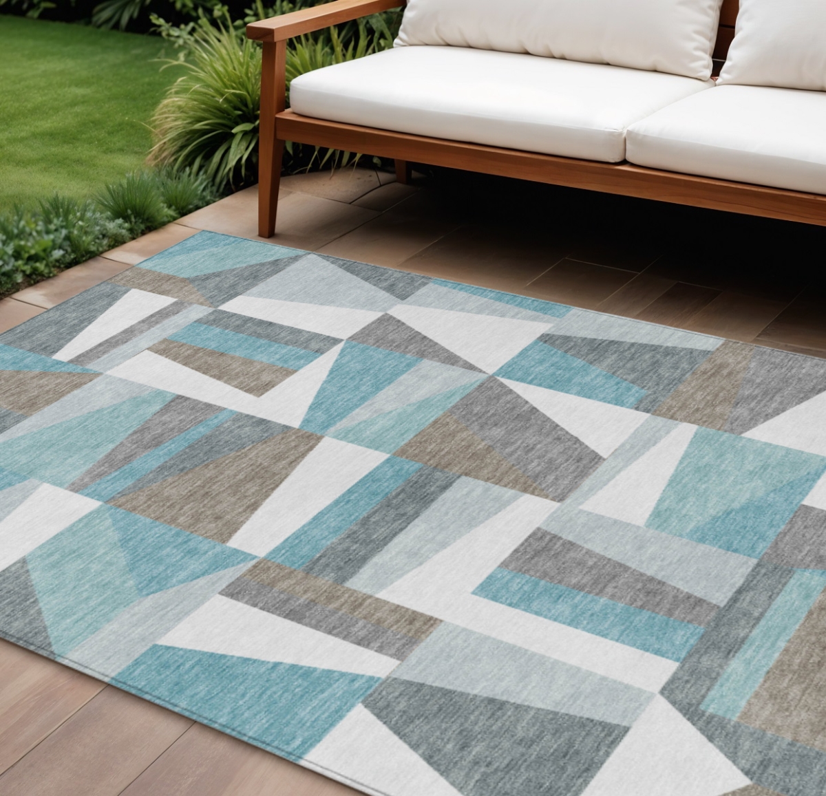 659547 8 x 10 ft. Teal Blue, Ivory & Gray Geometric Washable Transitional Indoor & Outdoor Rectangle Area Rug