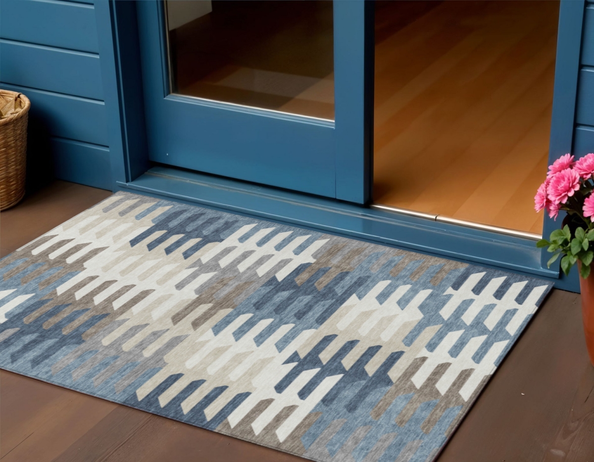 659562 3 x 5 ft. Denim Blue Beige & Ivory Geometric Washable Transitional Indoor & Outdoor Rectangle Area Rug