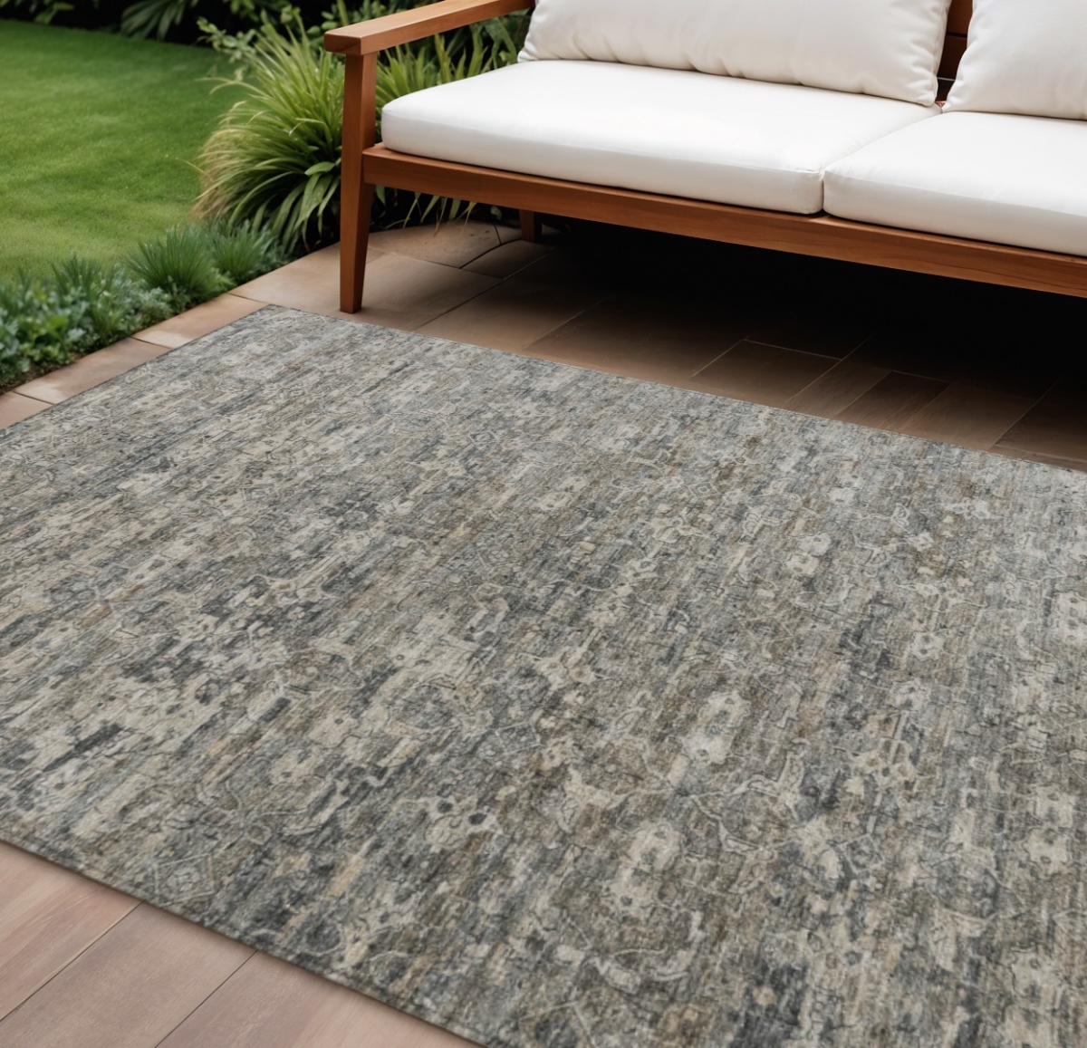 659377 10 x 14 ft. Pewter & Silver Ikat Washable Transitional Indoor & Outdoor Rectangle Area Rug
