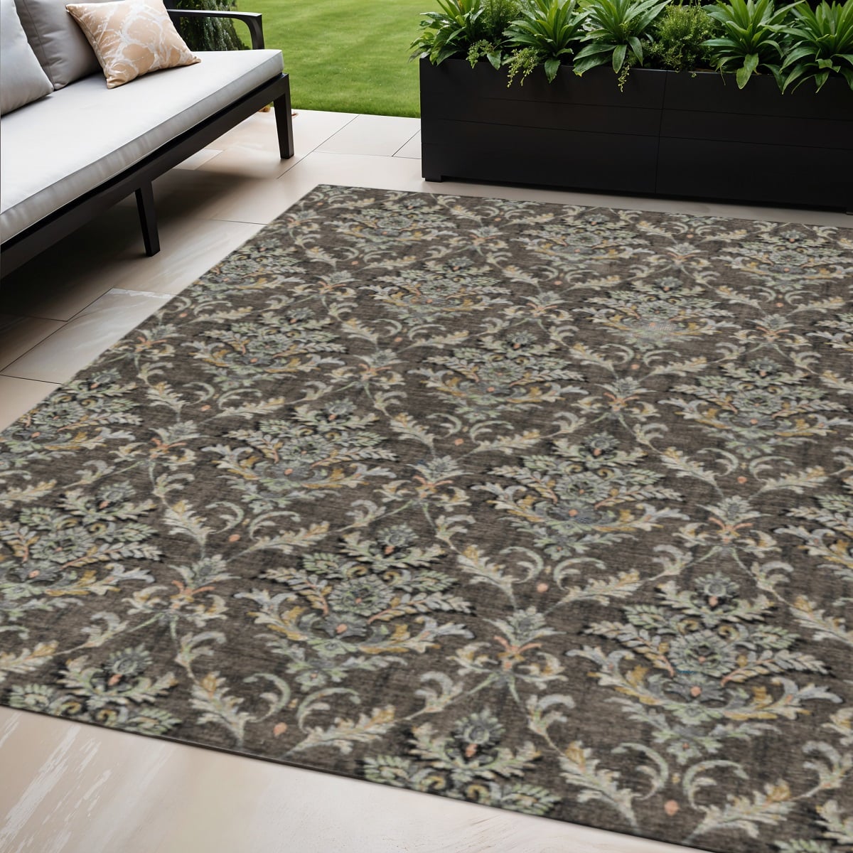 659397 5 x 8 ft. Chocolate Copper & Black Damask Washable Traditional Indoor & Outdoor Rectangle Area Rug