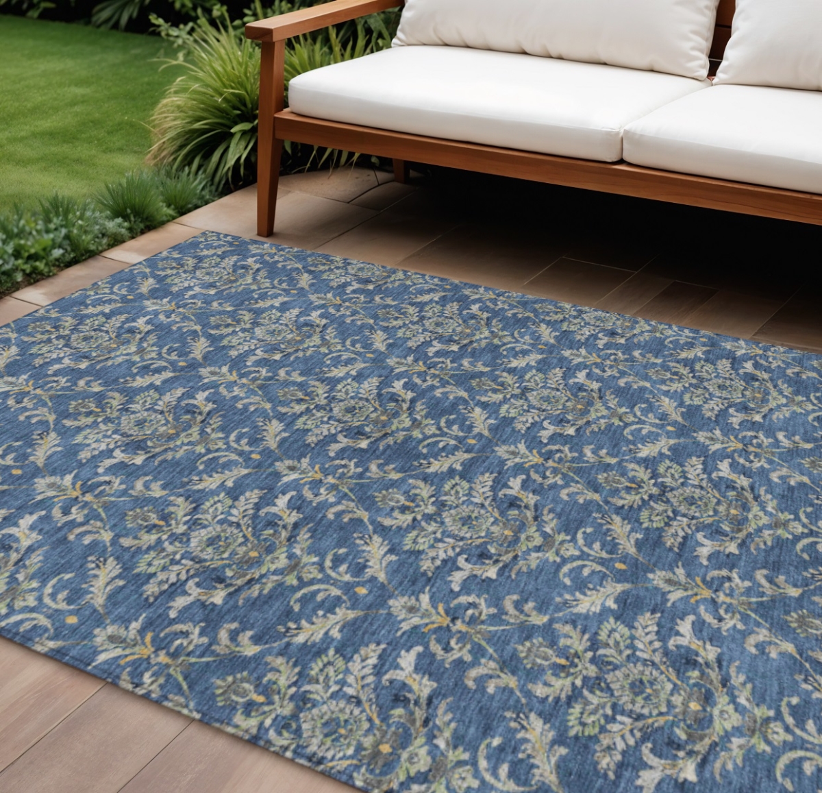 659419 10 x 14 ft. Navy Blue Wheat & Ivory Damask Washable Traditional Indoor & Outdoor Rectangle Area Rug