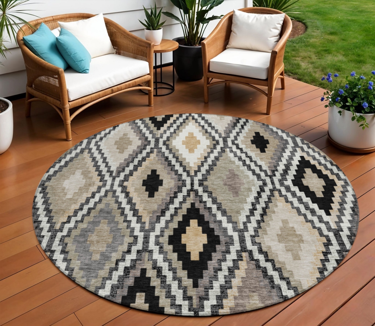 659708 8 ft. Black, Ivory & Beige Geometric Washable Transitional Indoor & Outdoor Round Area Rug