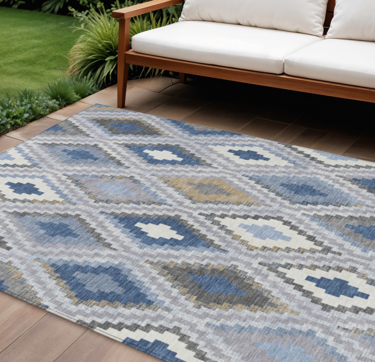 659721 8 x 10 ft. Denim Blue, Gray & Ivory Geometric Washable Transitional Indoor & Outdoor Rectangle Area Rug