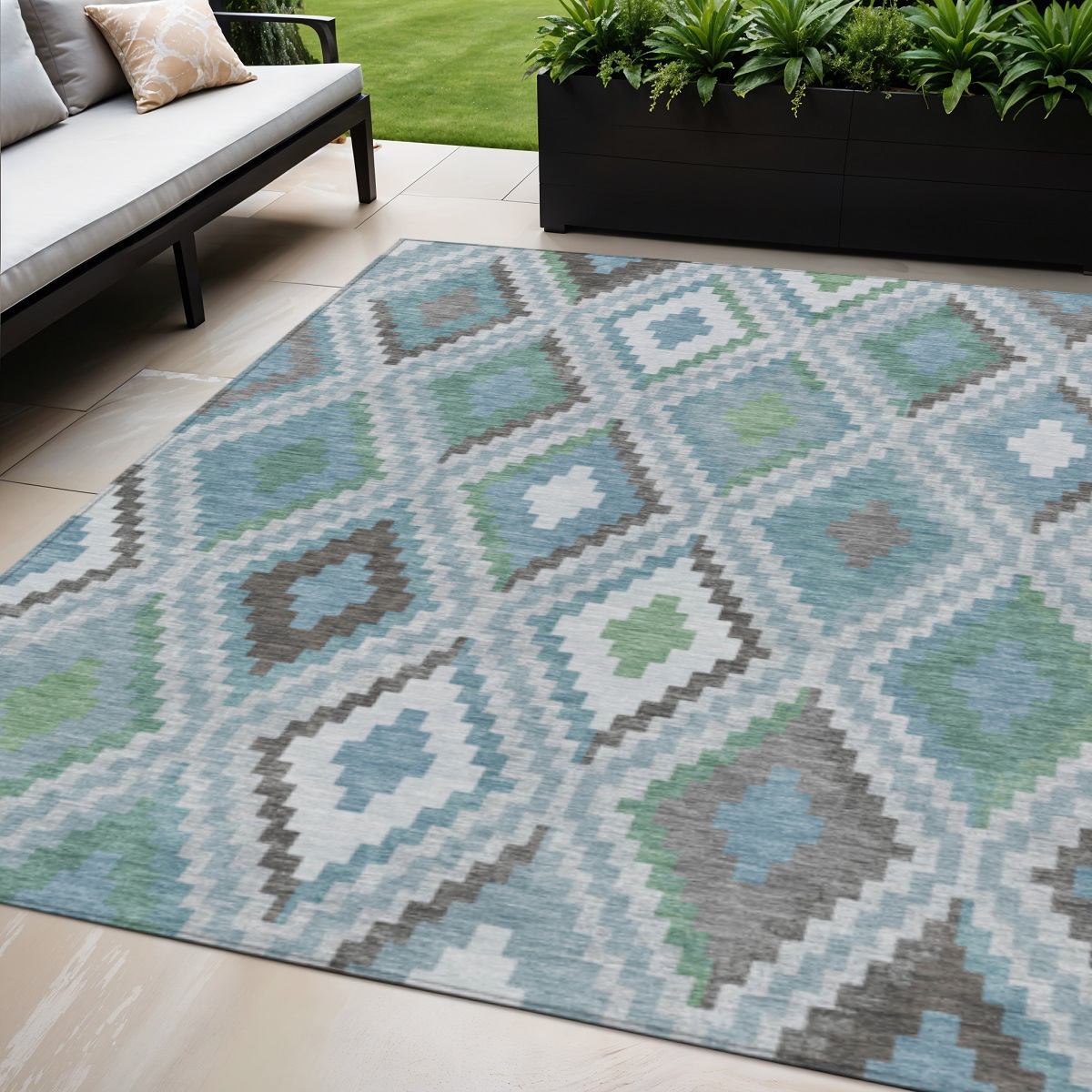 659737 5 x 8 ft. Teal Blue, Ivory & Green Geometric Washable Transitional Indoor & Outdoor Rectangle Area Rug